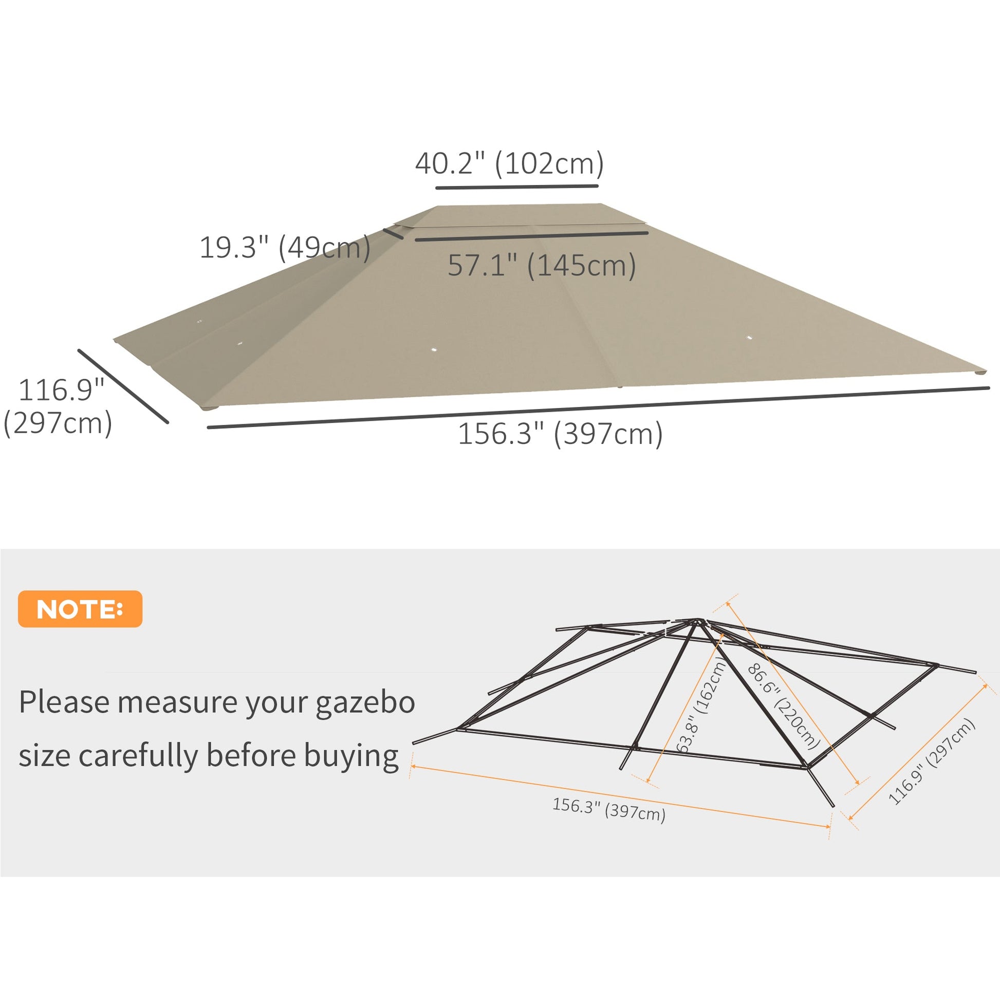10' x 13' Gazebo Canopy Replacement, Outdoor Gazebo Cover Top Roof Replacement with Vents and Drain Holes, (TOP COVER ONLY), Khaki