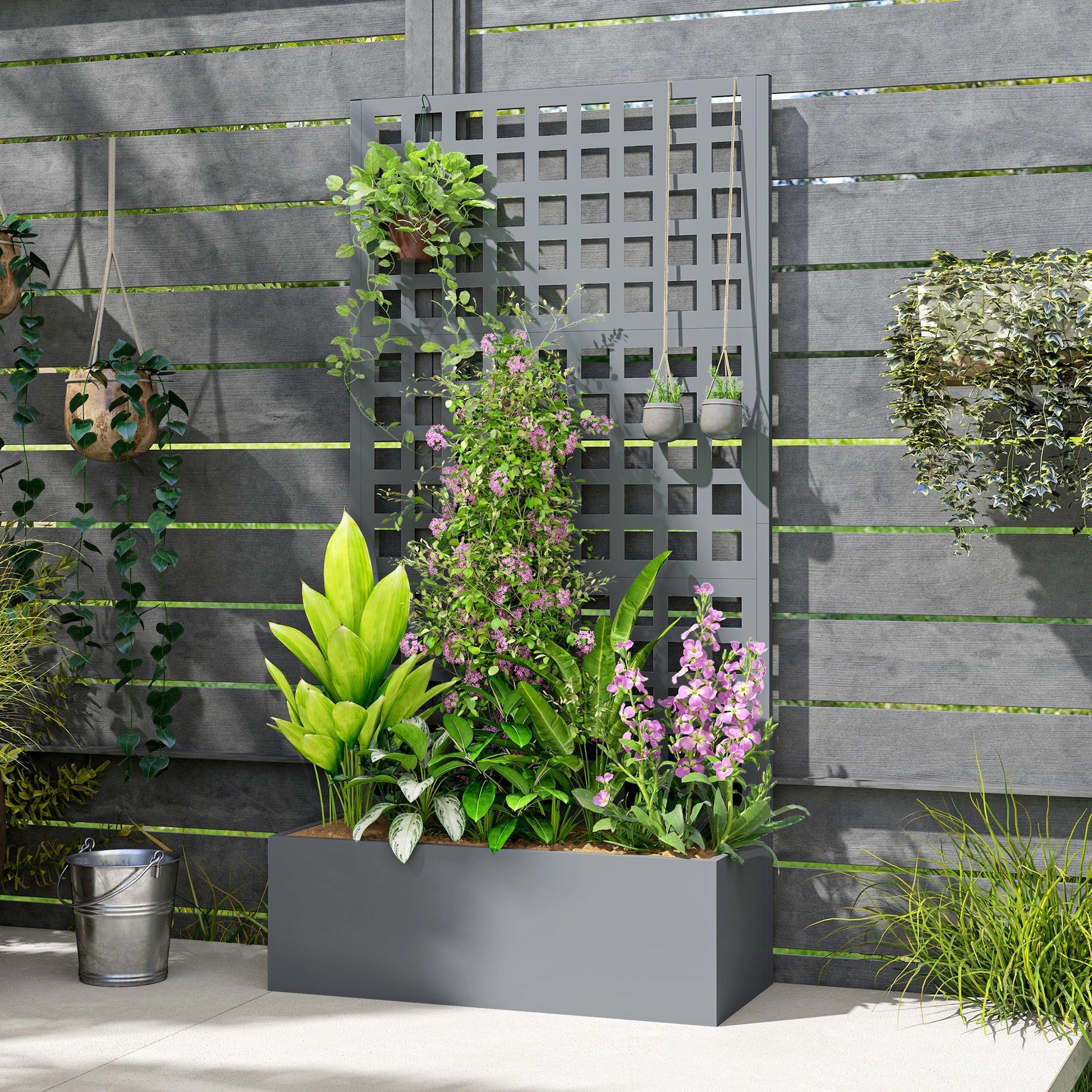 Galvanized Raised Garden Bed with Trellis, 35"x16"x70" Metal Planter Box with Drainage Holes, Outdoor Privacy Screen for Climbing Plant Vegetable Vine, Grey Wood Effect