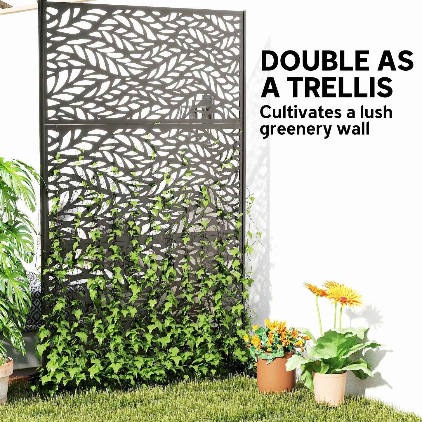 Metal Outdoor Privacy Screen, 78" x 48" Freestanding Outdoor Divider with Stand, Decorative Privacy Panel with Willow Branch Cut-out Design for Garden Backyard, Black