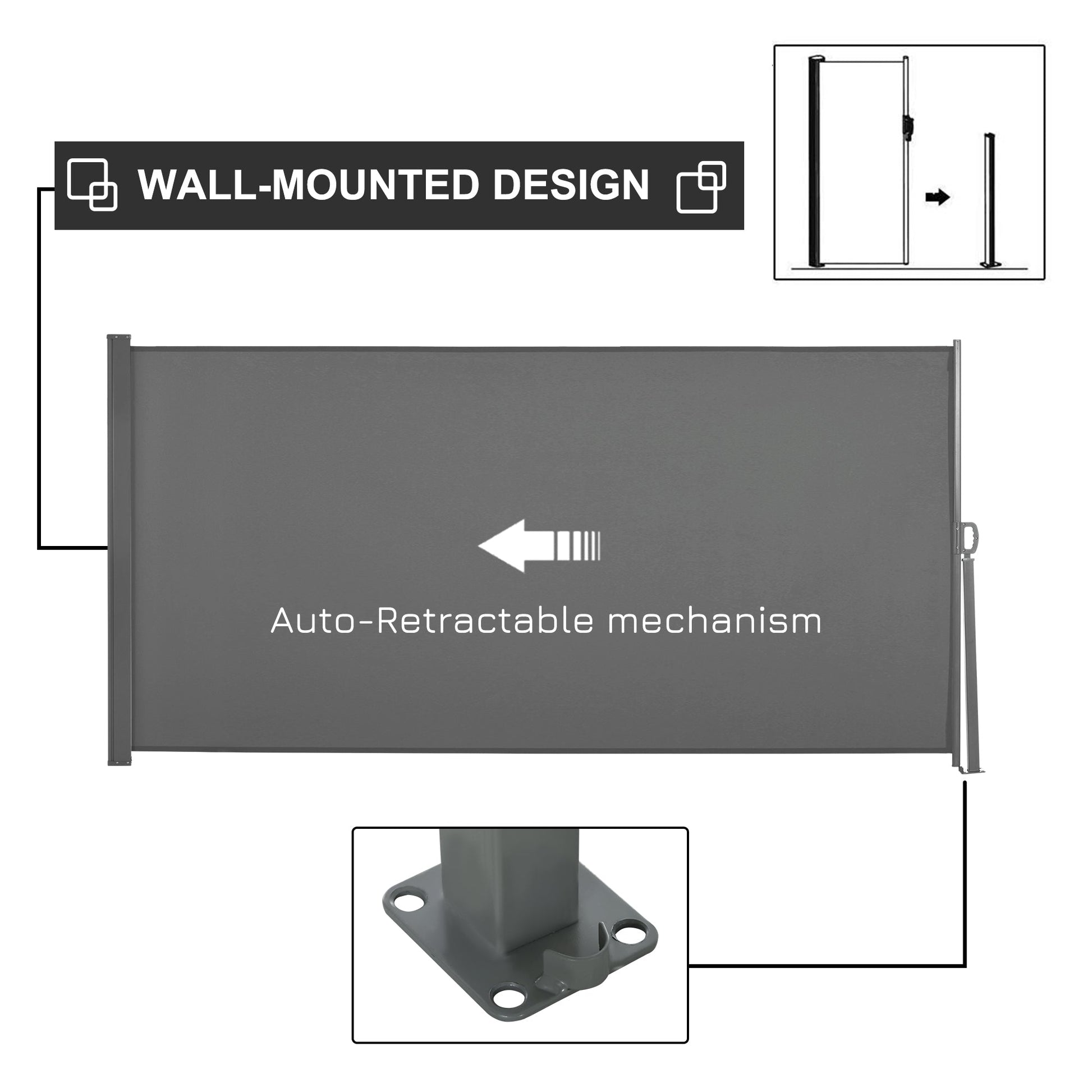 118" x 63" Retractable Side Awning Patio Outdoor Folding Privacy Screen with Resistance to UV Rays & Wind, Light Grey