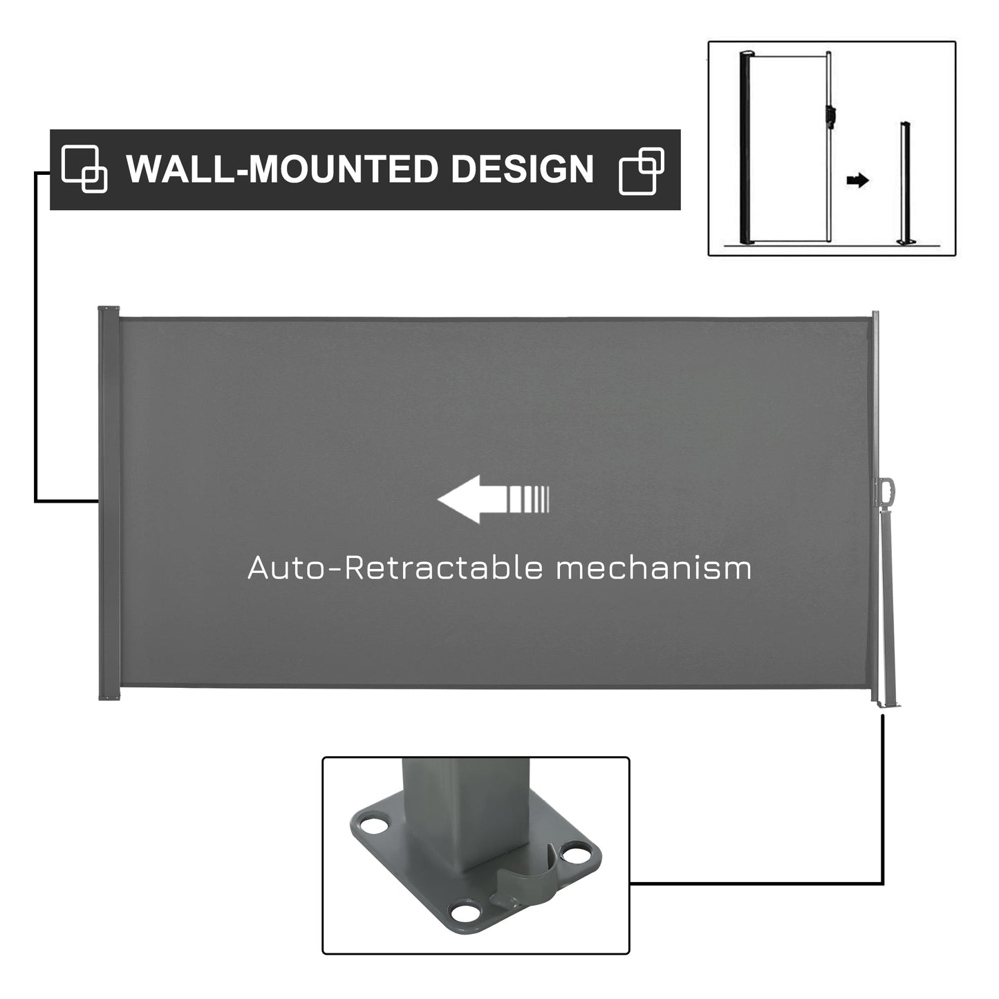 118" x 63" Retractable Side Awning Patio Outdoor Folding Privacy Screen with Resistance to UV Rays & Wind, Light Grey