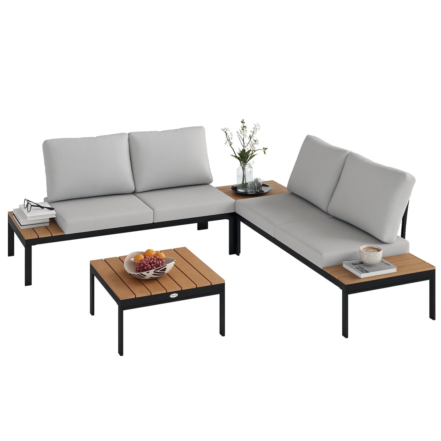 4 Piece L Shaped Garden Furniture Set, 4 Seater Outdoor Corner Garden Set, 2 Loveseats with Removable Backs, 2 Wood-Plastic Coffee Tables and Thick Cushions, Teak