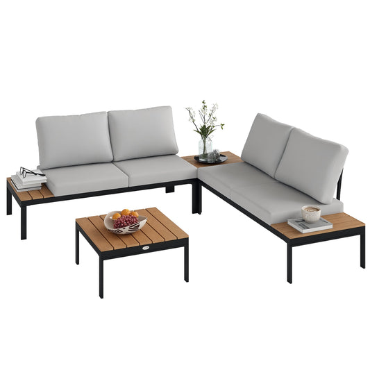 4 Piece L Shaped Garden Furniture Set, 4 Seater Outdoor Corner Garden Set, 2 Loveseats with Removable Backs, 2 Wood-Plastic Coffee Tables and Thick Cushions, Teak