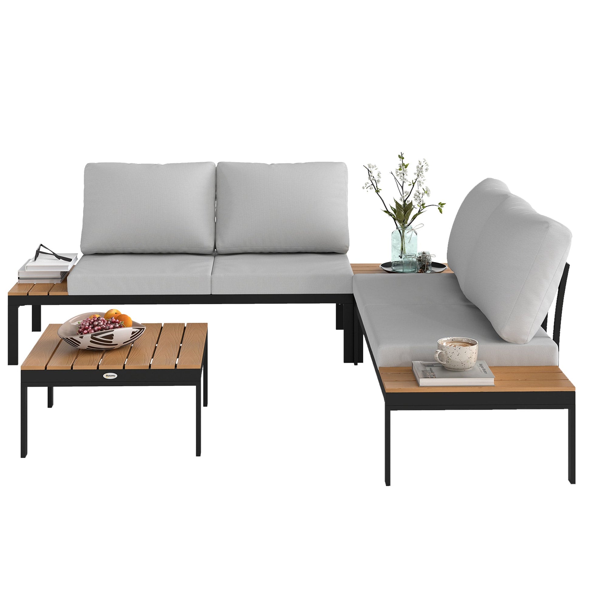 4 Piece L Shaped Garden Furniture Set, 4 Seater Outdoor Corner Garden Set, 2 Loveseats with Removable Backs, 2 Wood-Plastic Coffee Tables and Thick Cushions, Teak