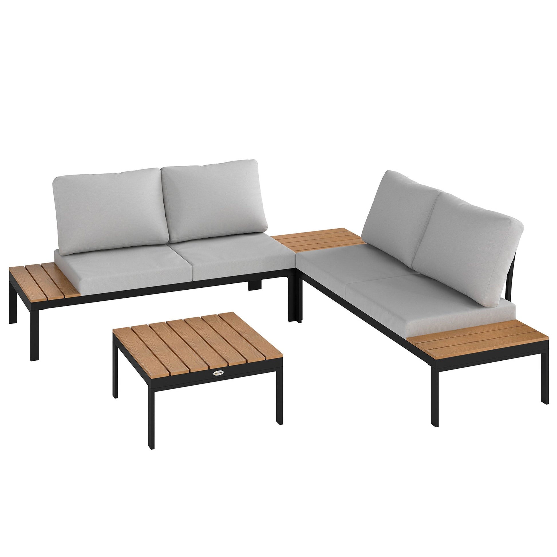 4 Piece L Shaped Garden Furniture Set, 4 Seater Outdoor Corner Garden Set, 2 Loveseats with Removable Backs, 2 Wood-Plastic Coffee Tables and Thick Cushions, Teak