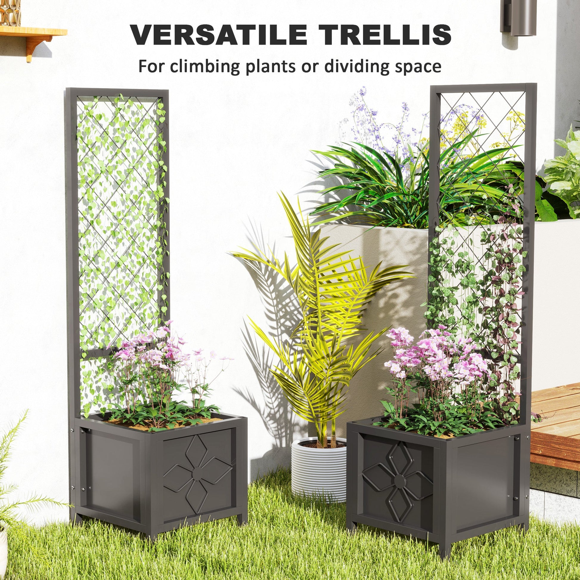 Galvanized Raised Garden Bed with Trellis, 15.7" x 15.7" x 55.1" Metal Planter Box with Drainage Holes, Outdoor Privacy Screen for Climbing Plants, Vegetable, Vines