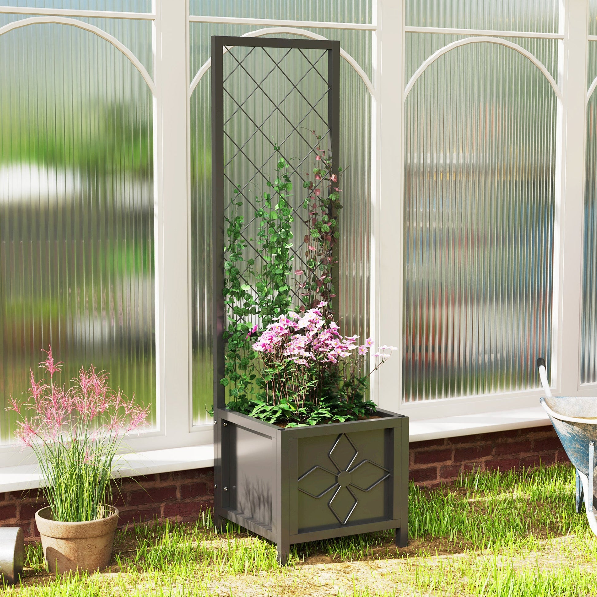 Galvanized Raised Garden Bed with Trellis, 15.7" x 15.7" x 55.1" Metal Planter Box with Drainage Holes, Outdoor Privacy Screen for Climbing Plants, Vegetable, Vines