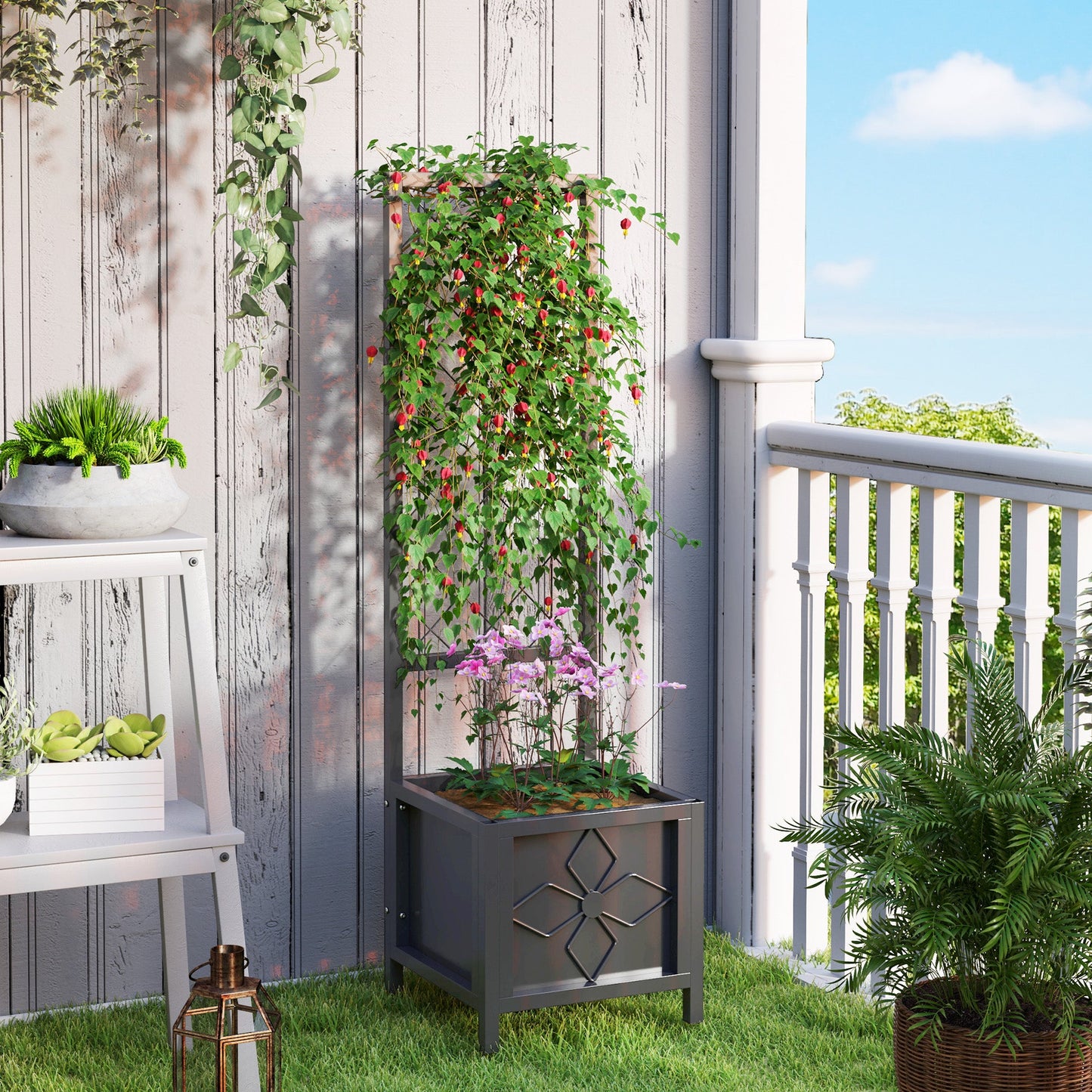 Galvanized Raised Garden Bed with Trellis, 15.7" x 15.7" x 55.1" Metal Planter Box with Drainage Holes, Outdoor Privacy Screen for Climbing Plants, Vegetable, Vines