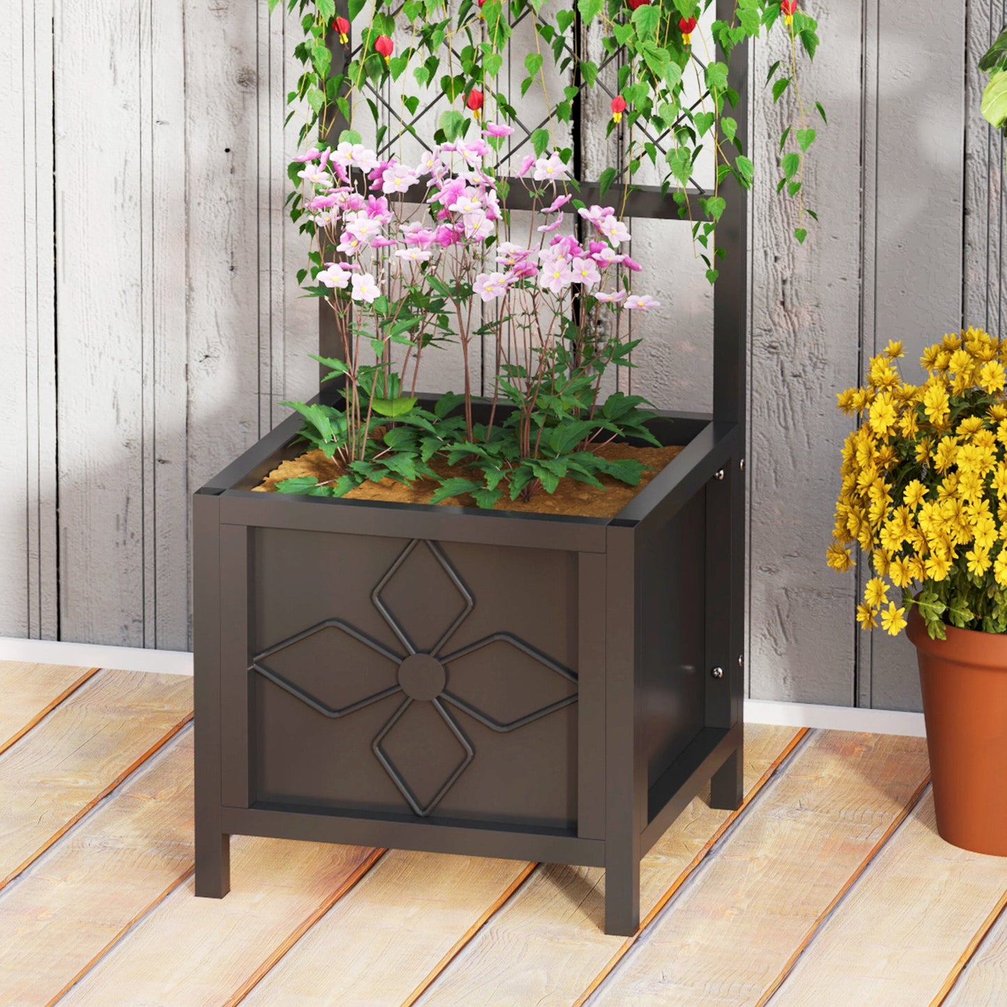 Galvanized Raised Garden Bed with Trellis, 15.7" x 15.7" x 55.1" Metal Planter Box with Drainage Holes, Outdoor Privacy Screen for Climbing Plants, Vegetable, Vines