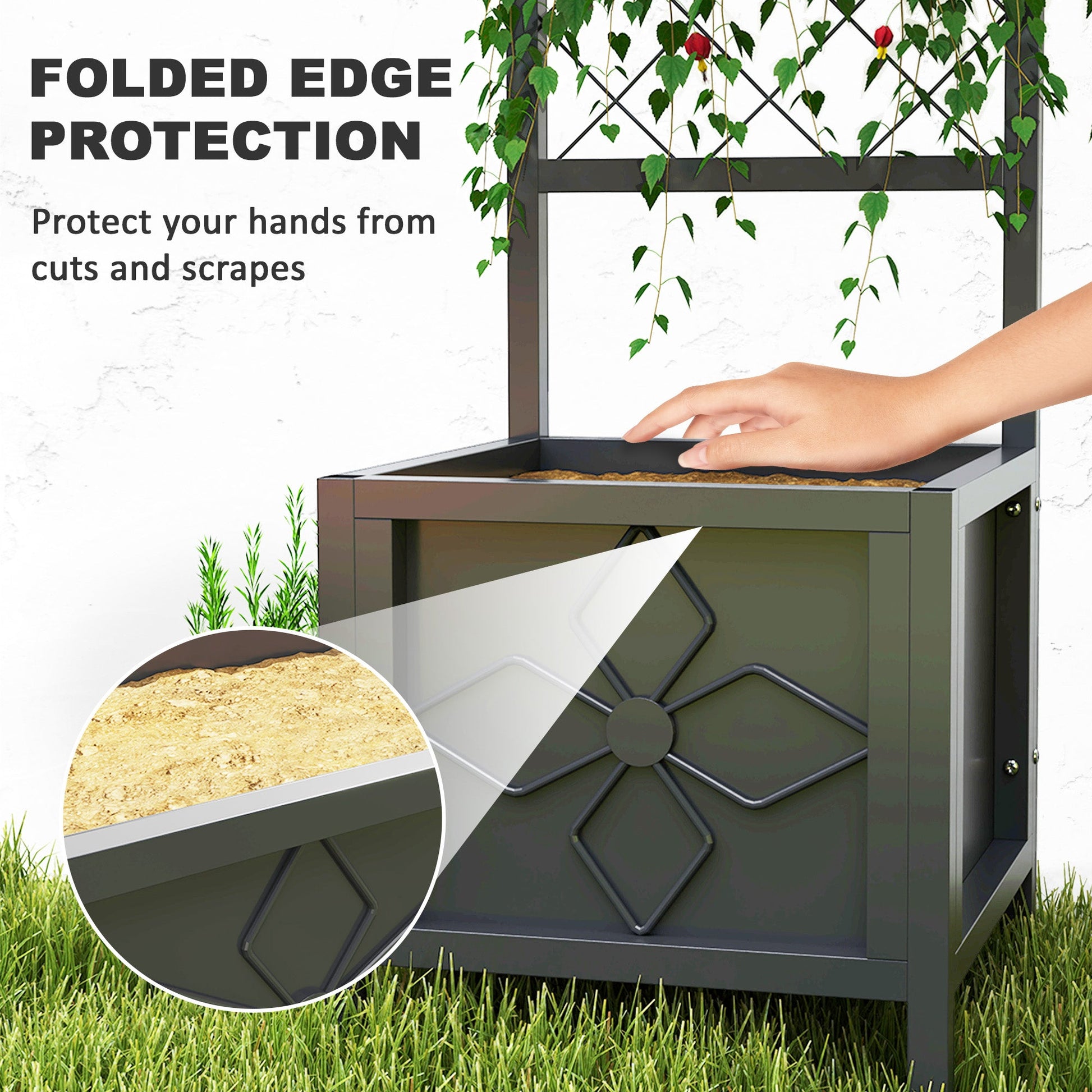 Galvanized Raised Garden Bed with Trellis, 15.7" x 15.7" x 55.1" Metal Planter Box with Drainage Holes, Outdoor Privacy Screen for Climbing Plants, Vegetable, Vines