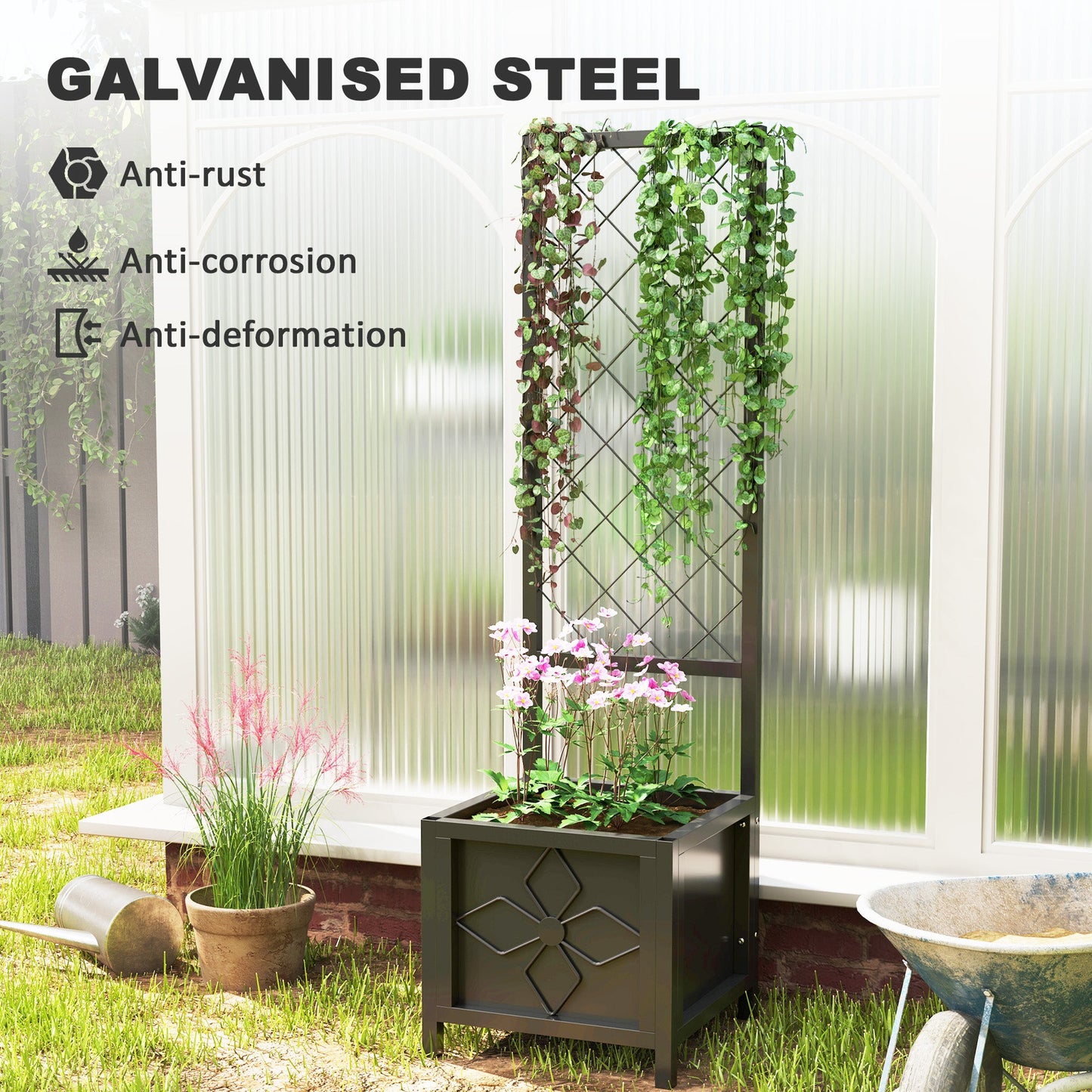 Galvanized Raised Garden Bed with Trellis, 15.7" x 15.7" x 55.1" Metal Planter Box with Drainage Holes, Outdoor Privacy Screen for Climbing Plants, Vegetable, Vines