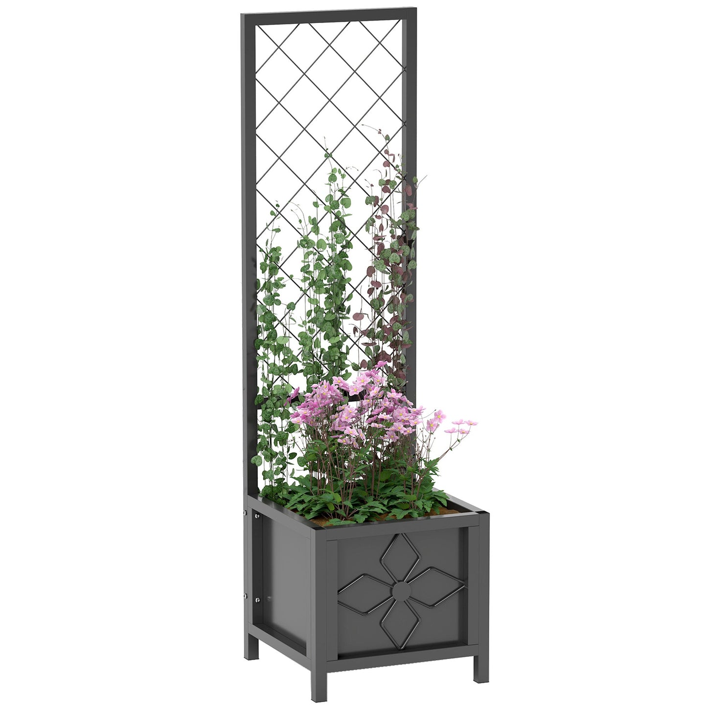 Galvanized Raised Garden Bed with Trellis, 15.7" x 15.7" x 55.1" Metal Planter Box with Drainage Holes, Outdoor Privacy Screen for Climbing Plants, Vegetable, Vines
