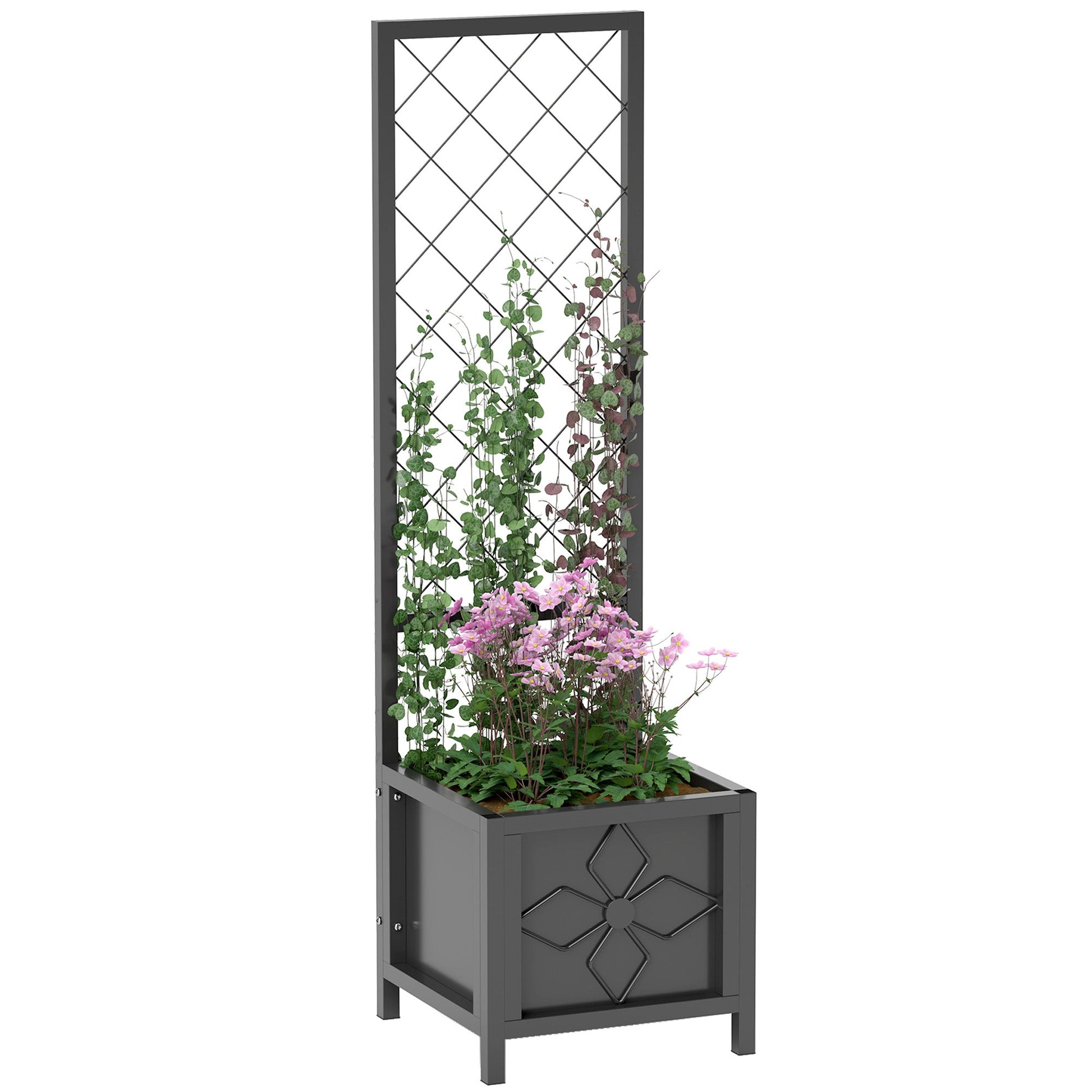 Galvanized Raised Garden Bed with Trellis, 15.7" x 15.7" x 55.1" Metal Planter Box with Drainage Holes, Outdoor Privacy Screen for Climbing Plants, Vegetable, Vines