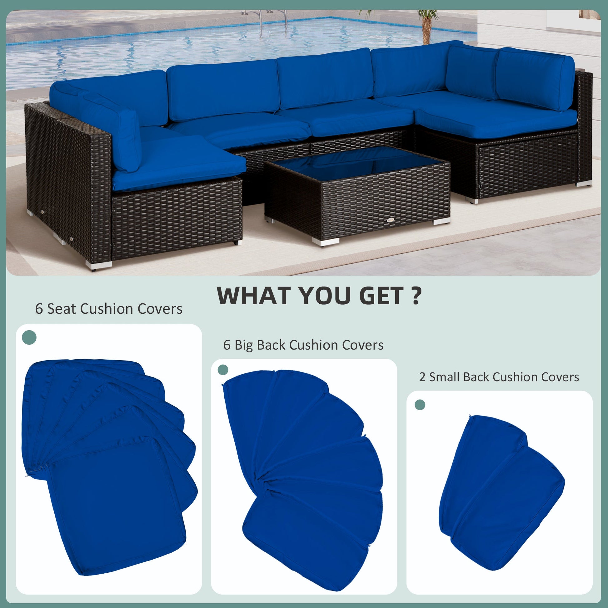 14Pcs Outdoor Cushion Covers, Patio Cushion Covers Replacement for Rattan Sofa Set - No Cushion Included, Navy Blue
