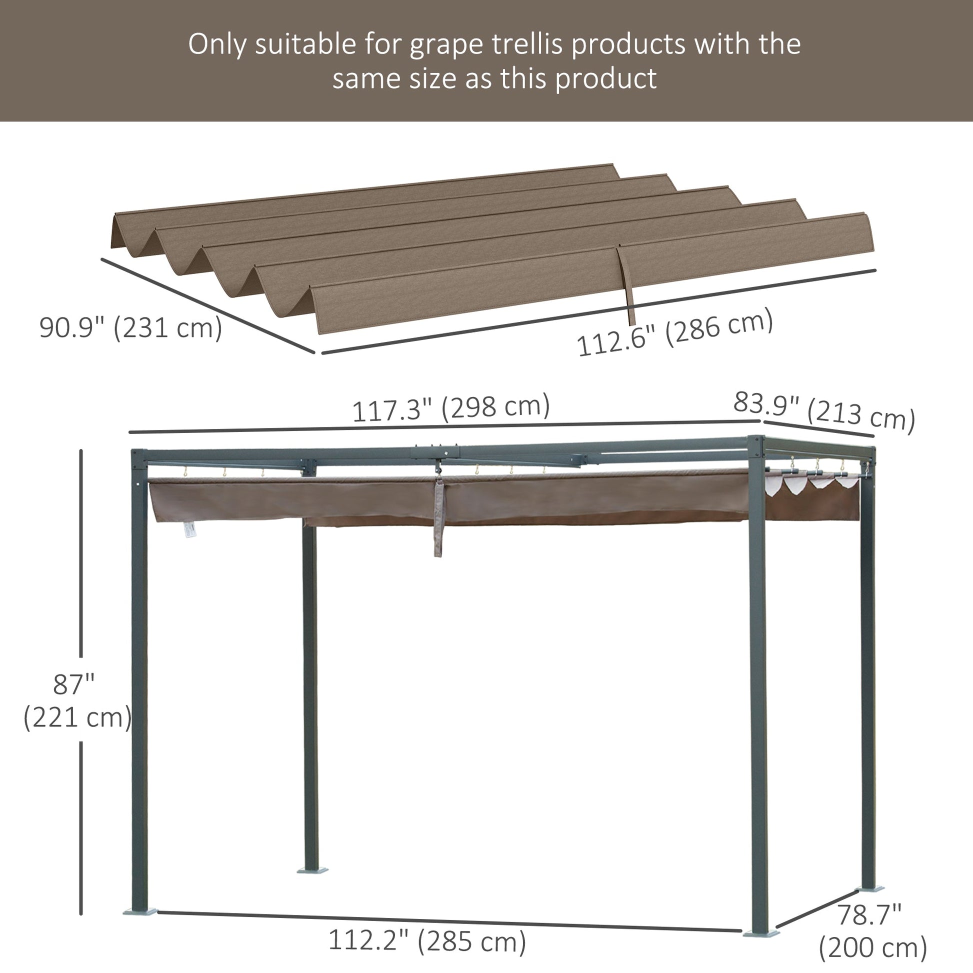 Retractable Pergola Canopy, Sun Shade Cover, UV30+ Protected Replacement Canopy Fabric for 9.8' x 7.1' Pergola, Coffee