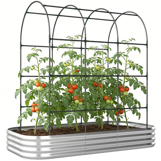 Galvanised Raised Garden Bed with Arched Trellis, 7 x 4 x 7ft Metal Outdoor Planter Box with Open Bottom Design, Modular Raised Bed with Gloves, Easy Assembly, Silver