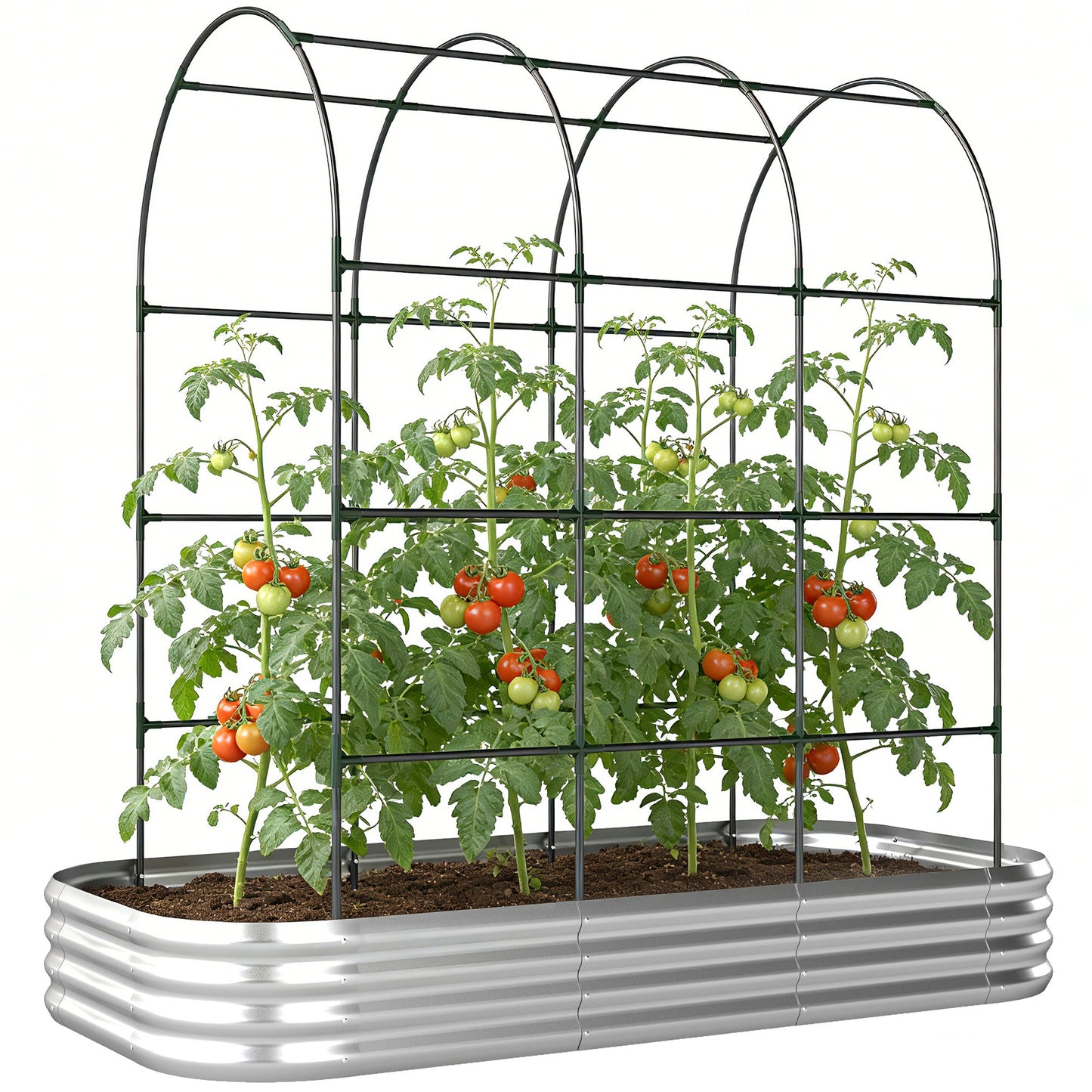 Galvanised Raised Garden Bed with Arched Trellis, 7 x 4 x 7ft Metal Outdoor Planter Box with Open Bottom Design, Modular Raised Bed with Gloves, Easy Assembly, Silver