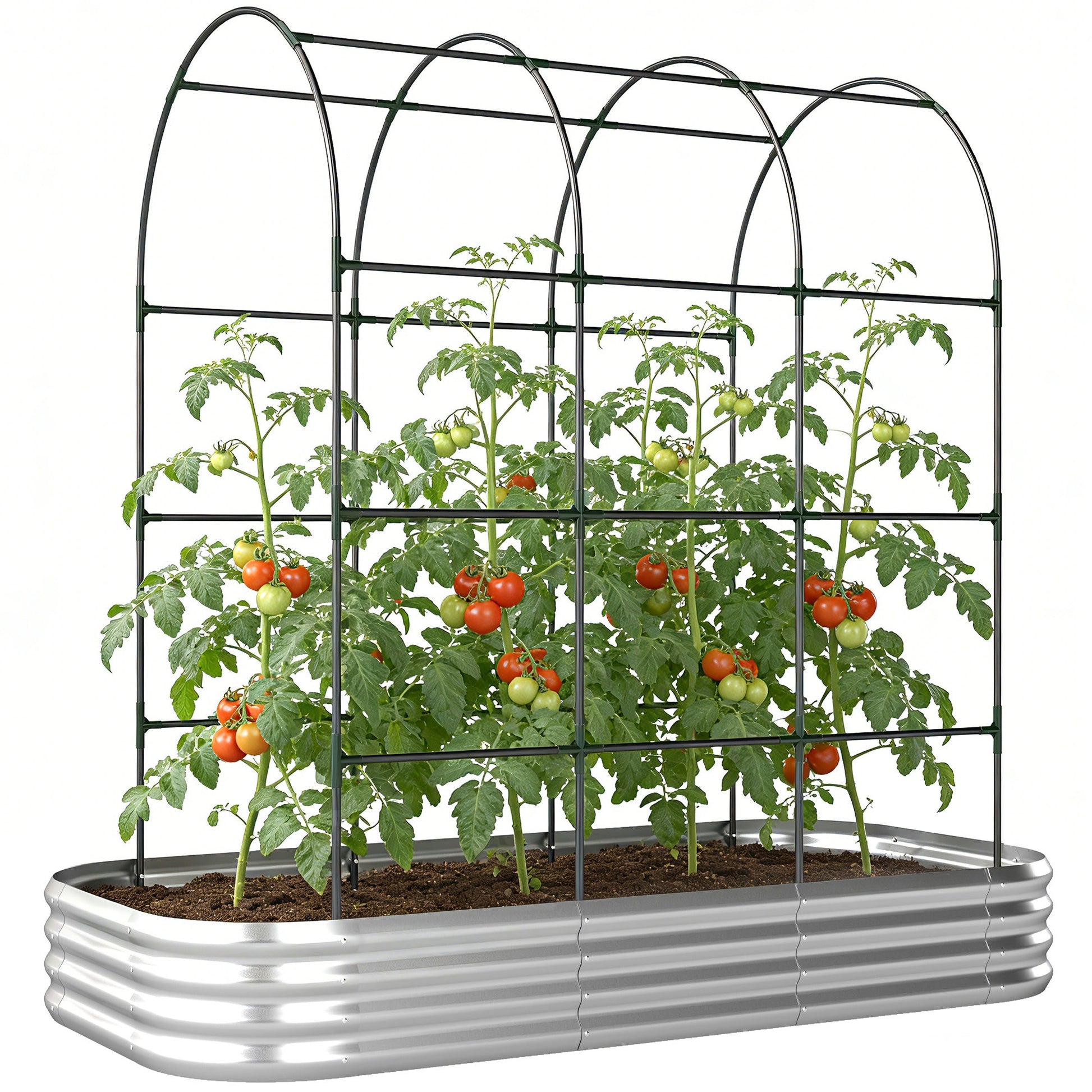 Galvanised Raised Garden Bed with Arched Trellis, 7 x 4 x 7ft Metal Outdoor Planter Box with Open Bottom Design, Modular Raised Bed with Gloves, Easy Assembly, Silver