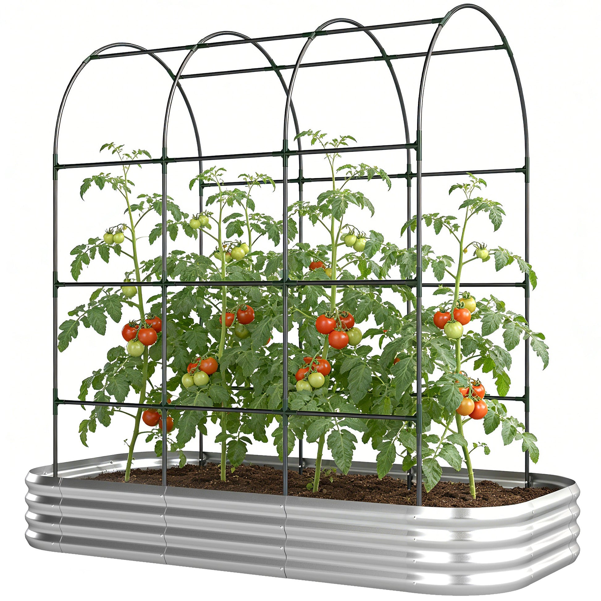 Galvanised Raised Garden Bed with Arched Trellis, 7 x 4 x 7ft Metal Outdoor Planter Box with Open Bottom Design, Modular Raised Bed with Gloves, Easy Assembly, Silver