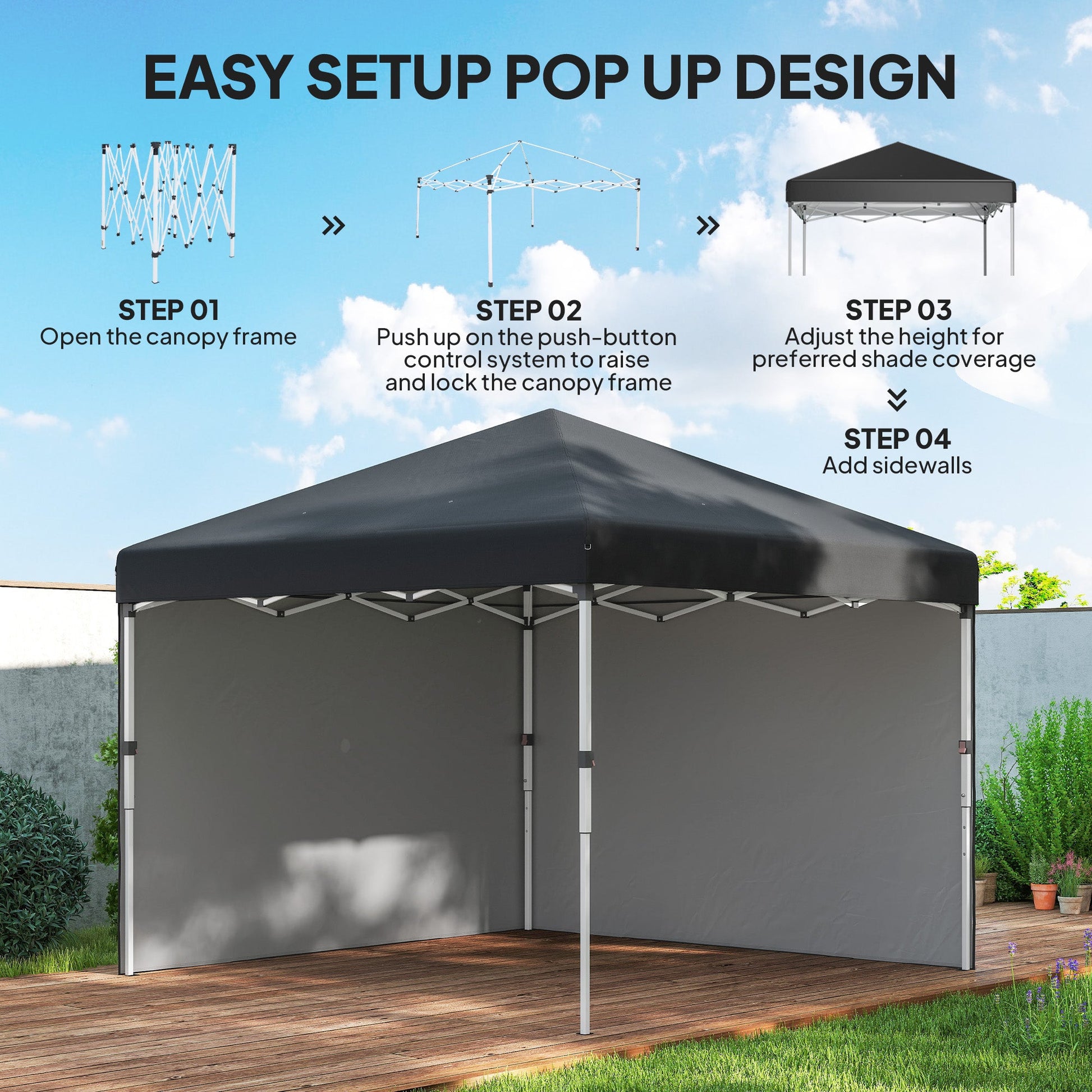 10' x 10' Pop Up Canopy Tent with Removable Sidewalls, Instant Shelter with Portable Roller Bag, 4 Sand Bags, Adjustable Height for Outdoor, Garden, Patio, Black