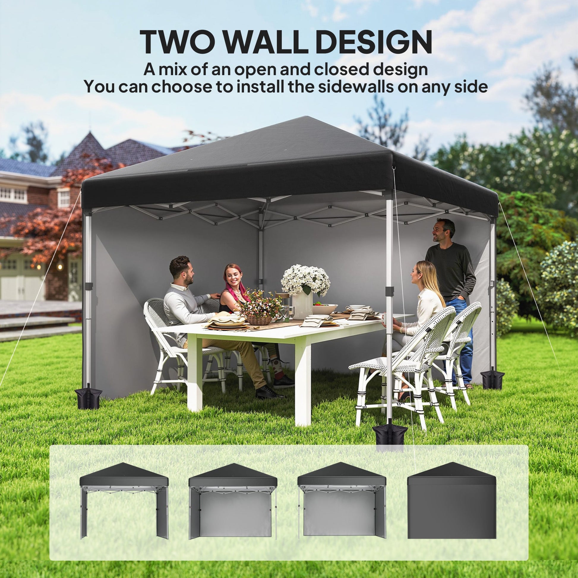 10' x 10' Pop Up Canopy Tent with Removable Sidewalls, Instant Shelter with Portable Roller Bag, 4 Sand Bags, Adjustable Height for Outdoor, Garden, Patio, Black