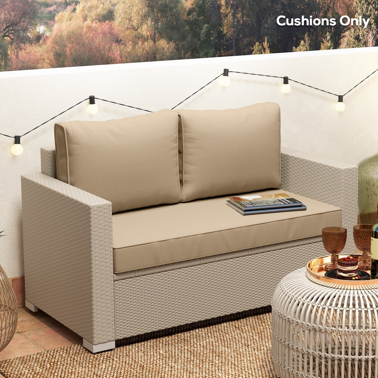 2 Seater Outdoor Seat Cushions with Backrest, Loveseat Double Sofa Outdoor Furniture Cushions, Fade-Resistant Replacement Patio Cushions for Indoor and Outdoor, Beige