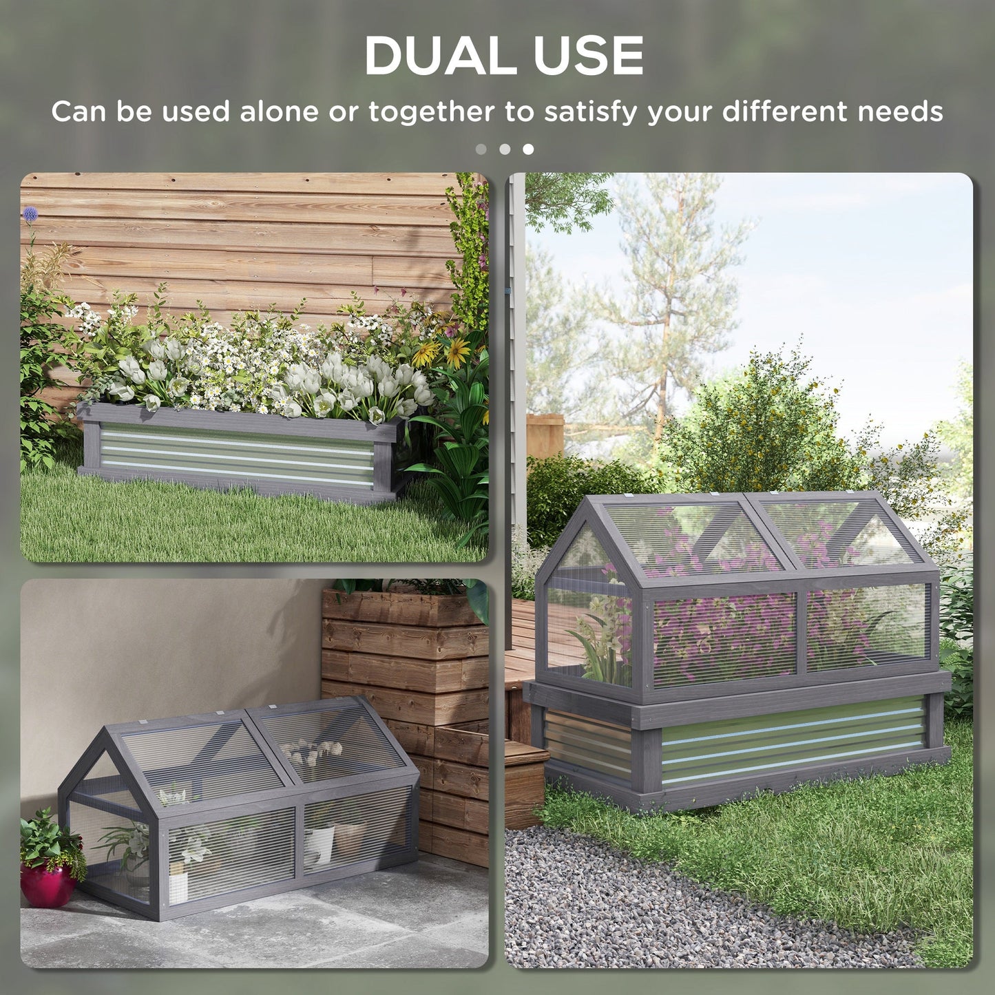 Wooden Cold Frame Greenhouse, Raised Garden Bed with Polycarbonate Greenhouse, Flower Planter Protection, 48" x 24" x 32", Grey