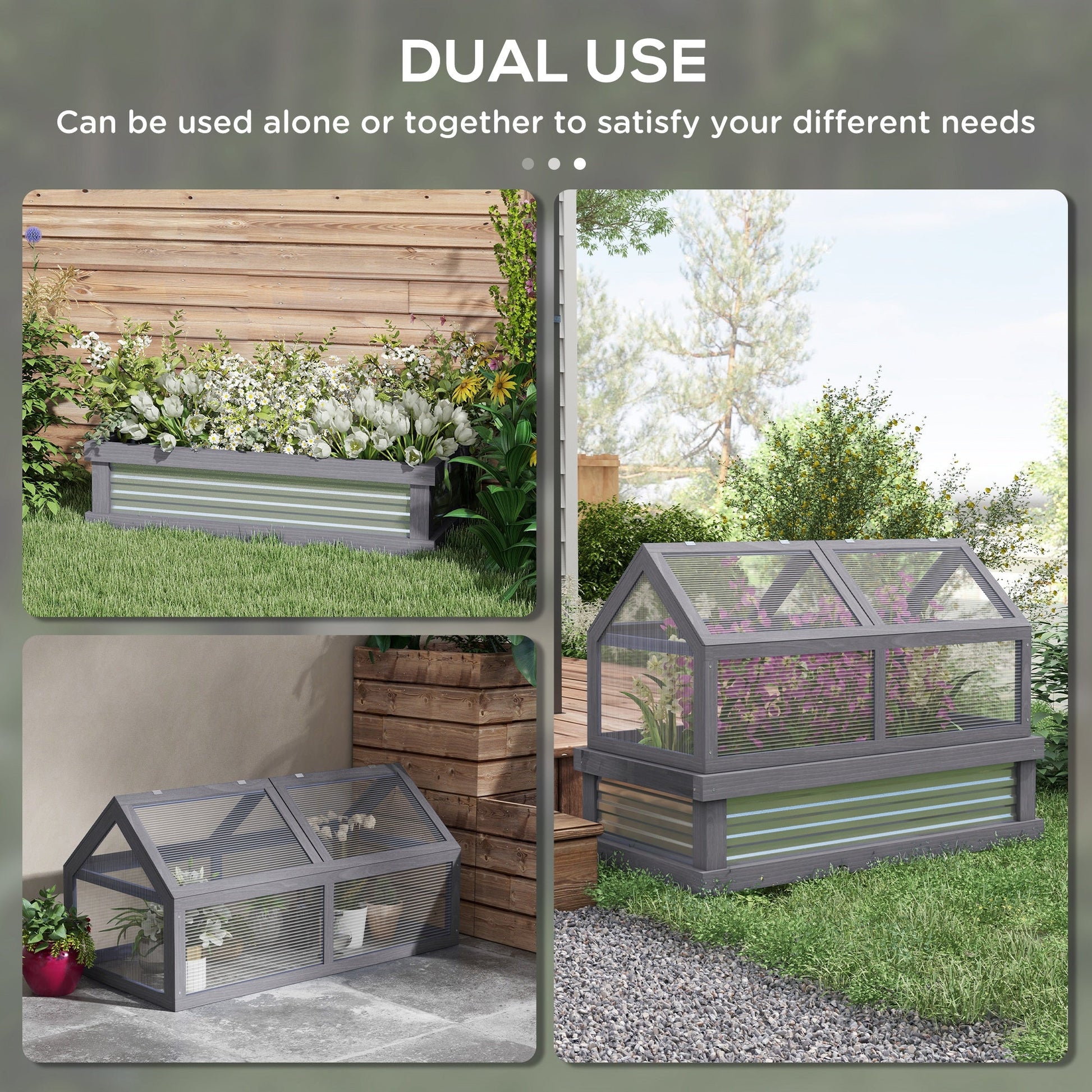 Wooden Cold Frame Greenhouse, Raised Garden Bed with Polycarbonate Greenhouse, Flower Planter Protection, 48" x 24" x 32", Grey
