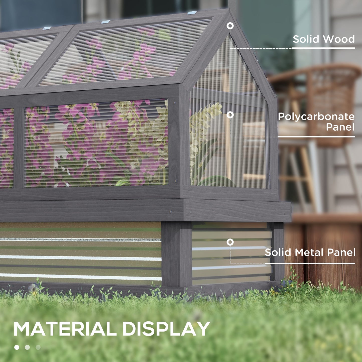 Wooden Cold Frame Greenhouse, Raised Garden Bed with Polycarbonate Greenhouse, Flower Planter Protection, 48" x 24" x 32", Grey