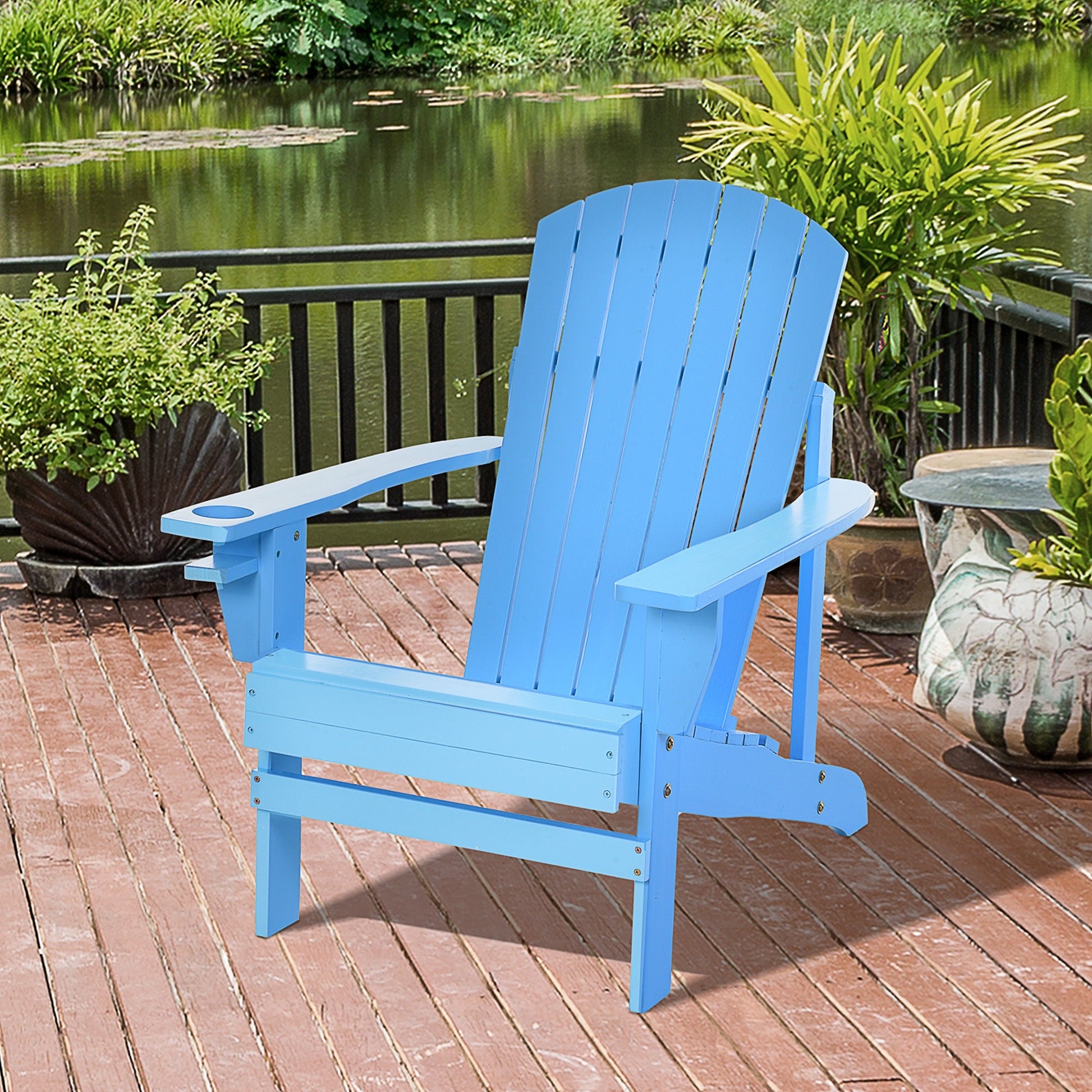 Classic Adirondack Chair Muskoka Chair, Garden Deck Chair with Cup Holder for Patio, Indoor, Backyard, Blue