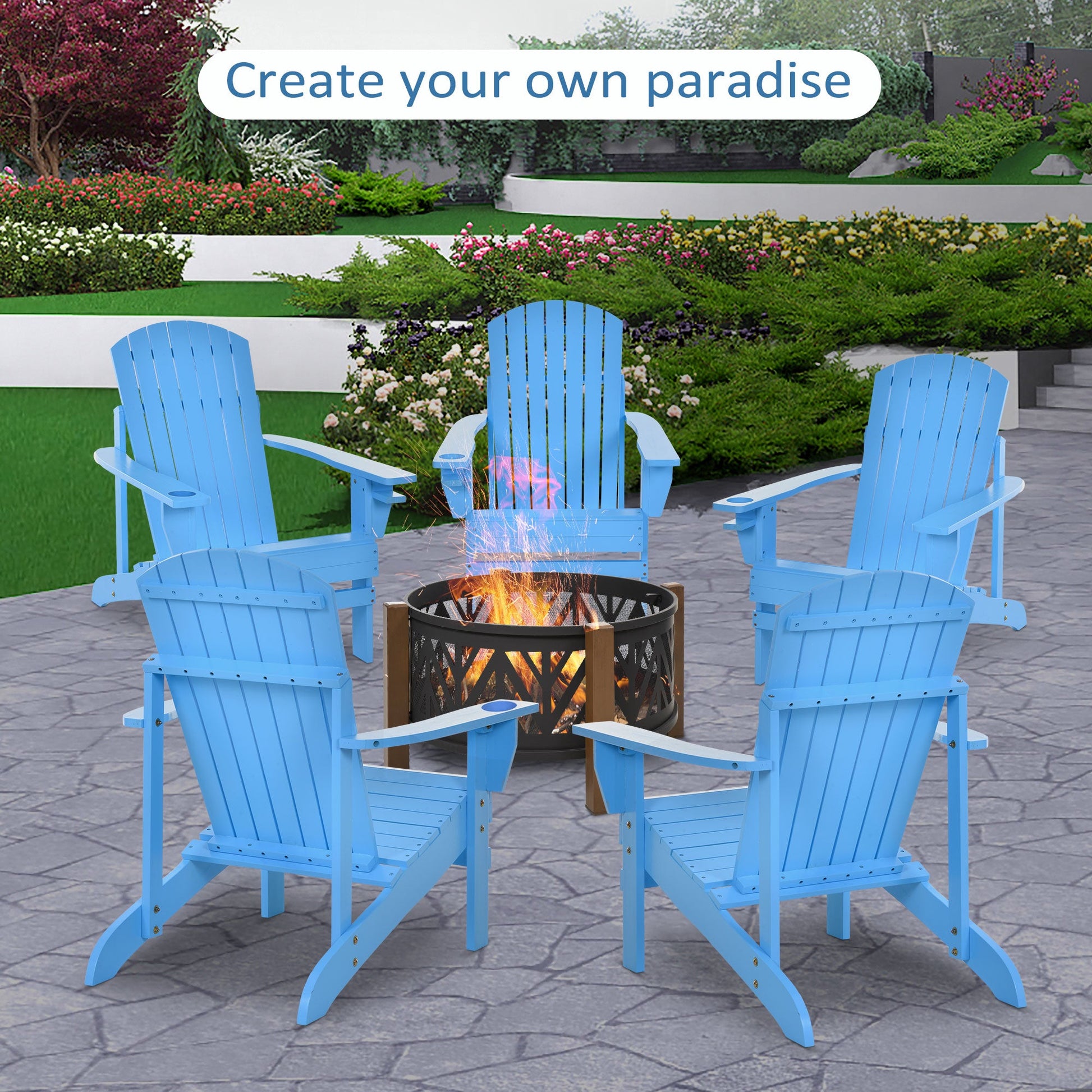 Classic Adirondack Chair Muskoka Chair, Garden Deck Chair with Cup Holder for Patio, Indoor, Backyard, Blue