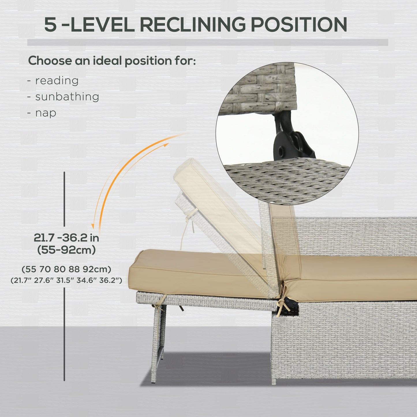 5PC Wicker Patio Lounger, Outdoor PE Rattan 5-level Adjustable Recliner Sofa Bed with Storage Side Table and Footstools, for Patio, Garden, Poolside, Khaki