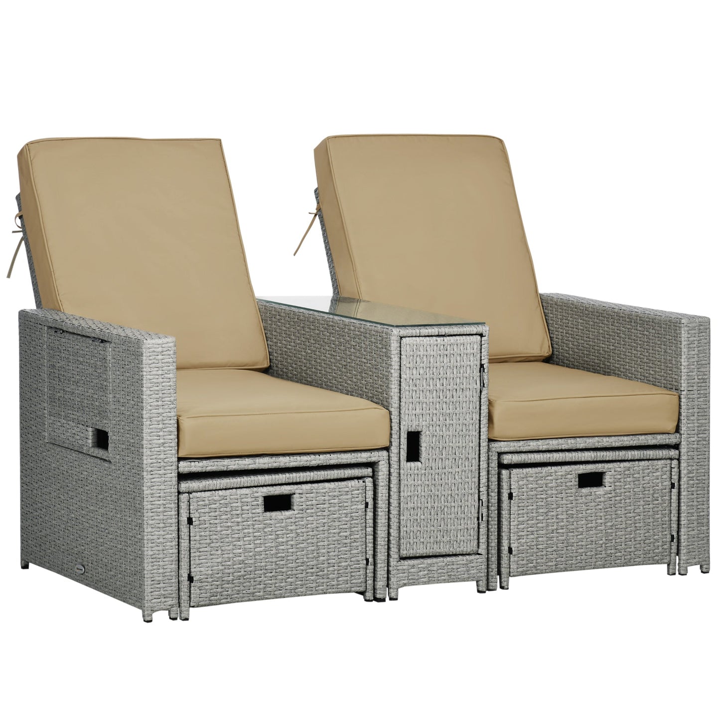 5PC Wicker Patio Lounger, Outdoor PE Rattan 5-level Adjustable Recliner Sofa Bed with Storage Side Table and Footstools, for Patio, Garden, Poolside, Khaki