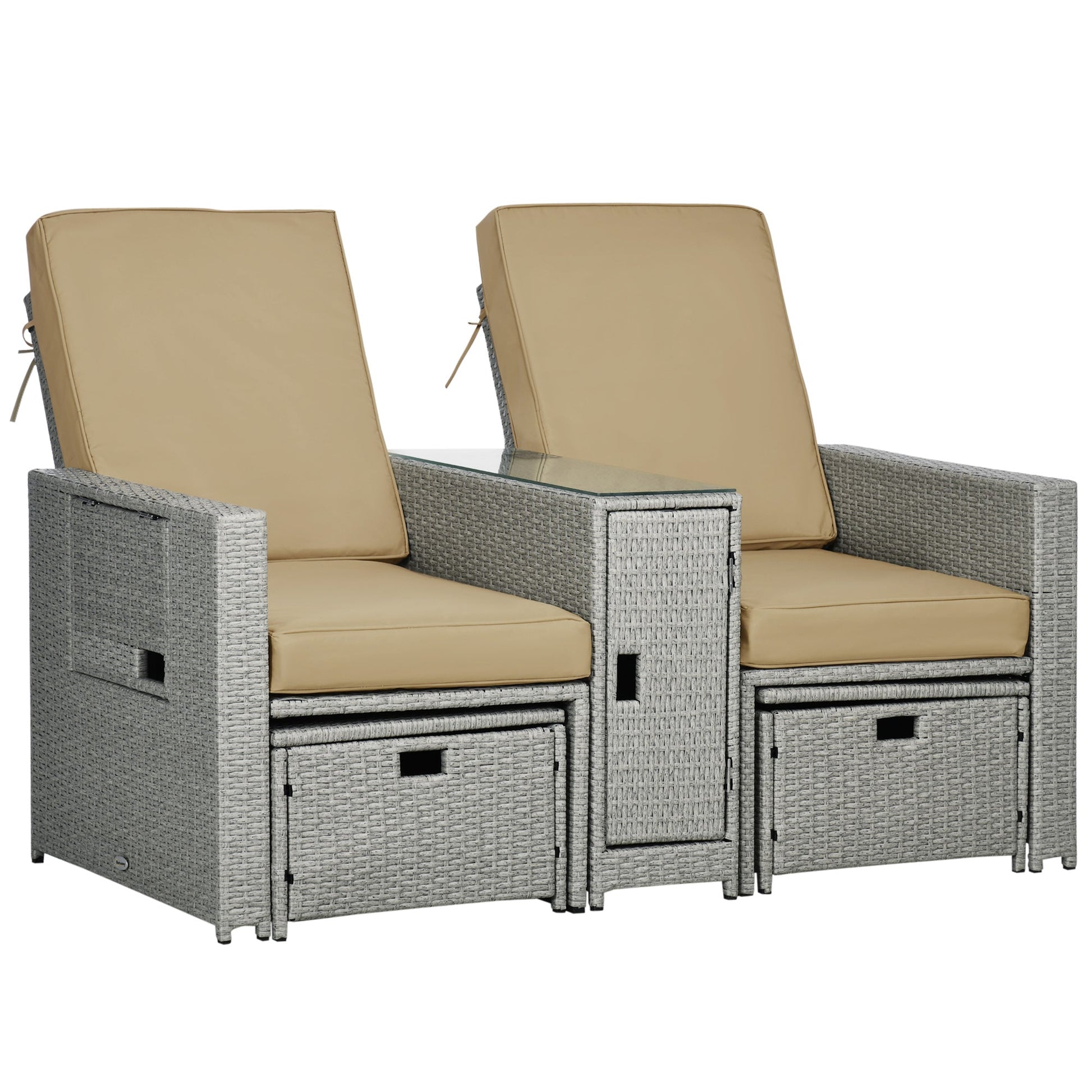 5PC Wicker Patio Lounger, Outdoor PE Rattan 5-level Adjustable Recliner Sofa Bed with Storage Side Table and Footstools, for Patio, Garden, Poolside, Khaki