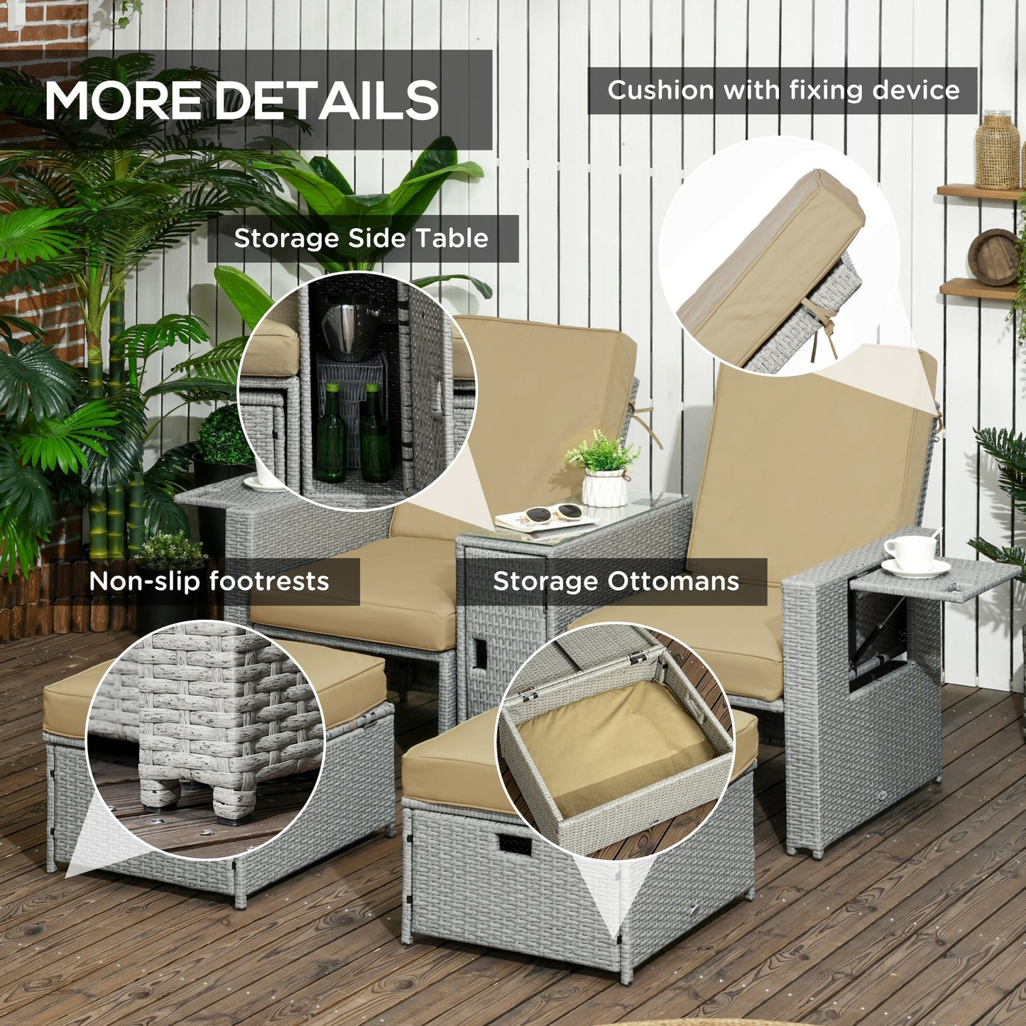 5PC Wicker Patio Lounger, Outdoor PE Rattan 5-level Adjustable Recliner Sofa Bed with Storage Side Table and Footstools, for Patio, Garden, Poolside, Khaki