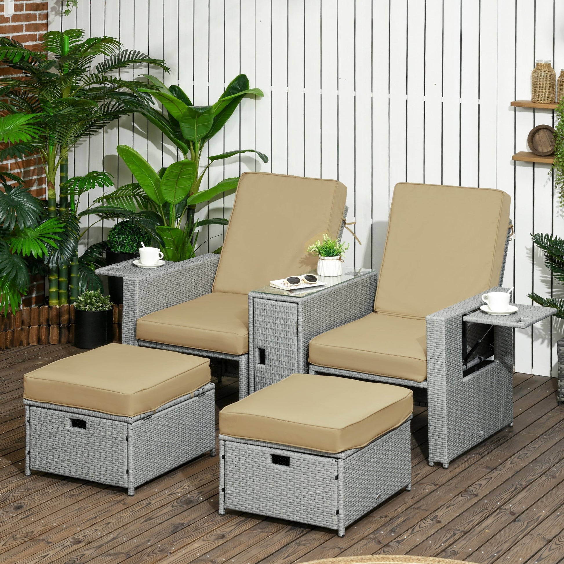 5PC Wicker Patio Lounger, Outdoor PE Rattan 5-level Adjustable Recliner Sofa Bed with Storage Side Table and Footstools, for Patio, Garden, Poolside, Khaki