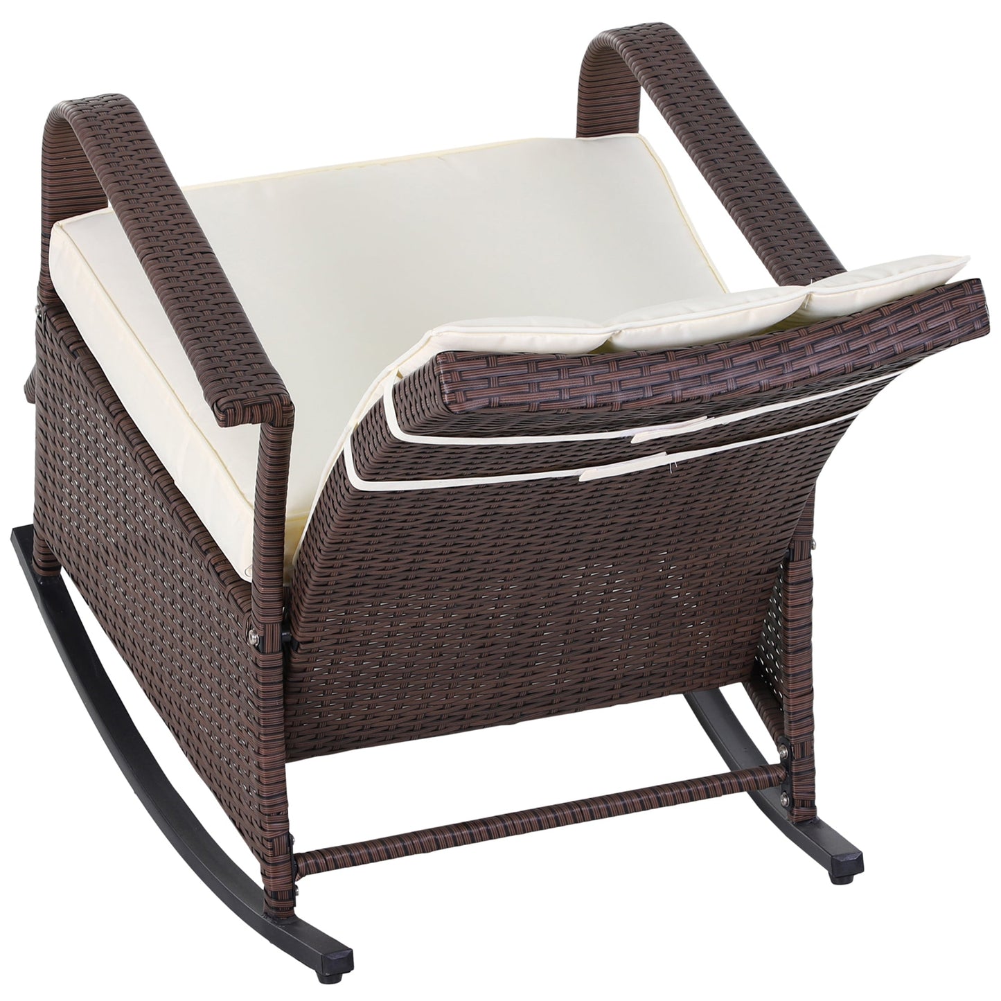 Outdoor Wicker Rocking Chair with Cushion, Patio PE Rattan Recliner Chair with Adjustable Footrest, Armrests, Cream White