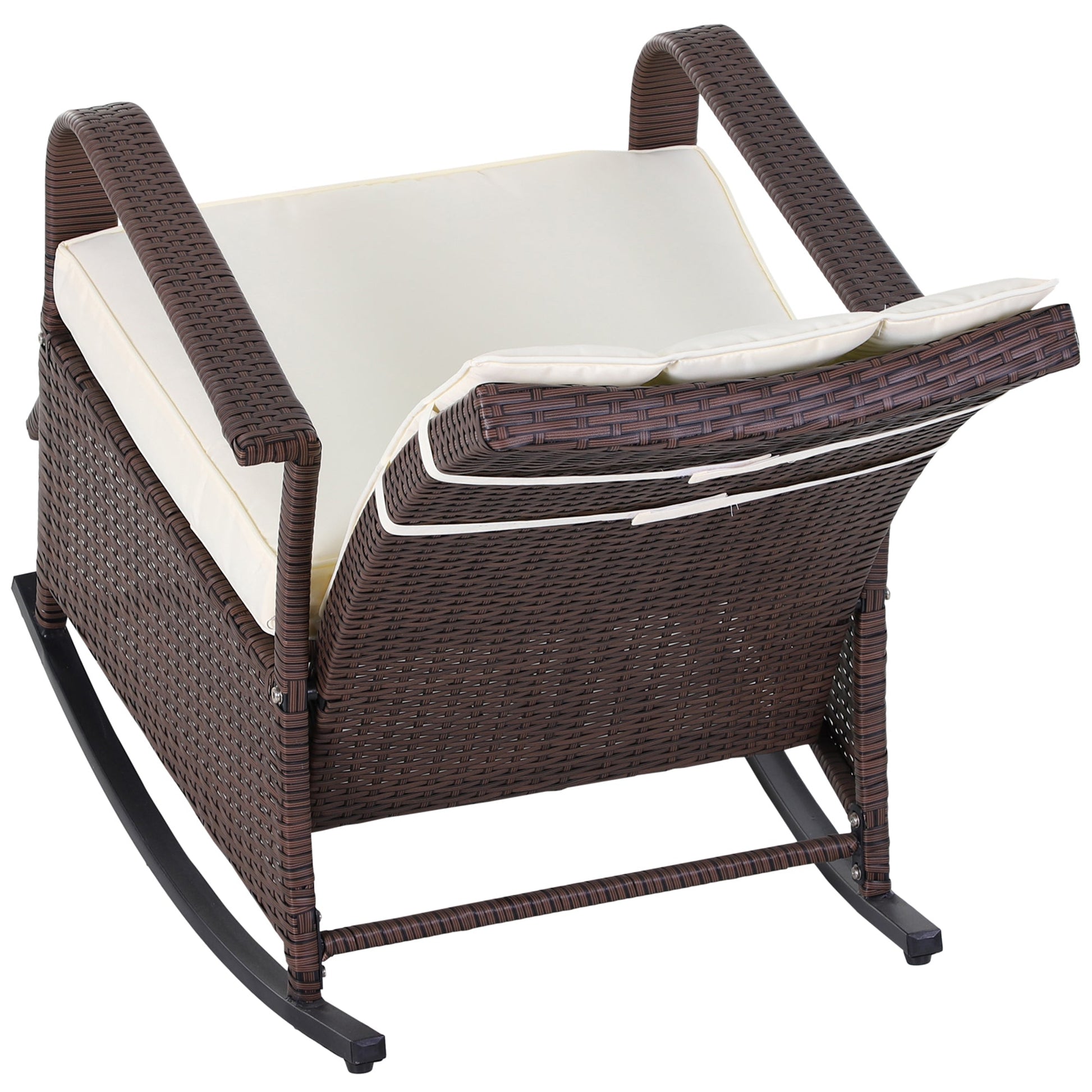 Outdoor Wicker Rocking Chair with Cushion, Patio PE Rattan Recliner Chair with Adjustable Footrest, Armrests, Cream White