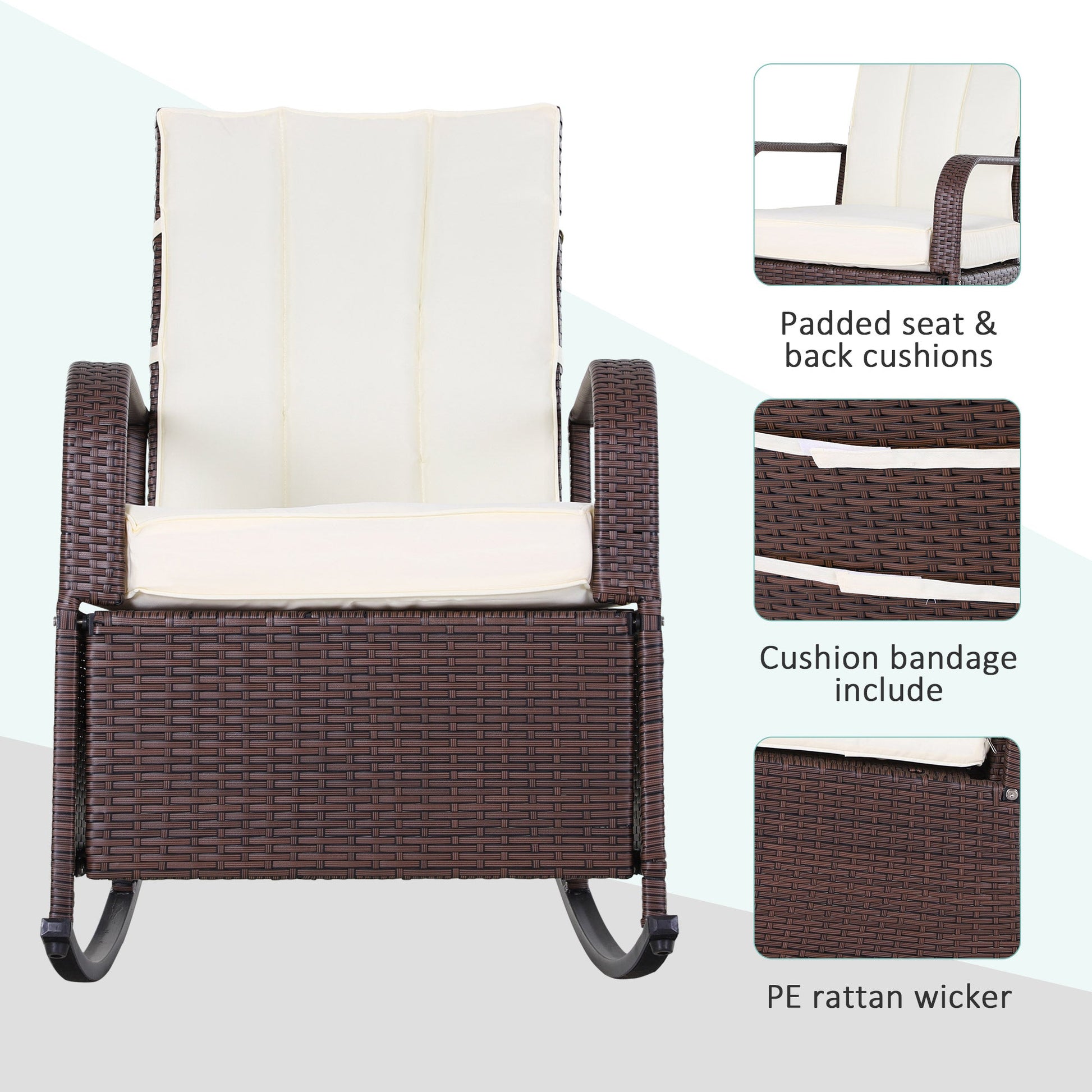 Outdoor Wicker Rocking Chair with Cushion, Patio PE Rattan Recliner Chair with Adjustable Footrest, Armrests, Cream White