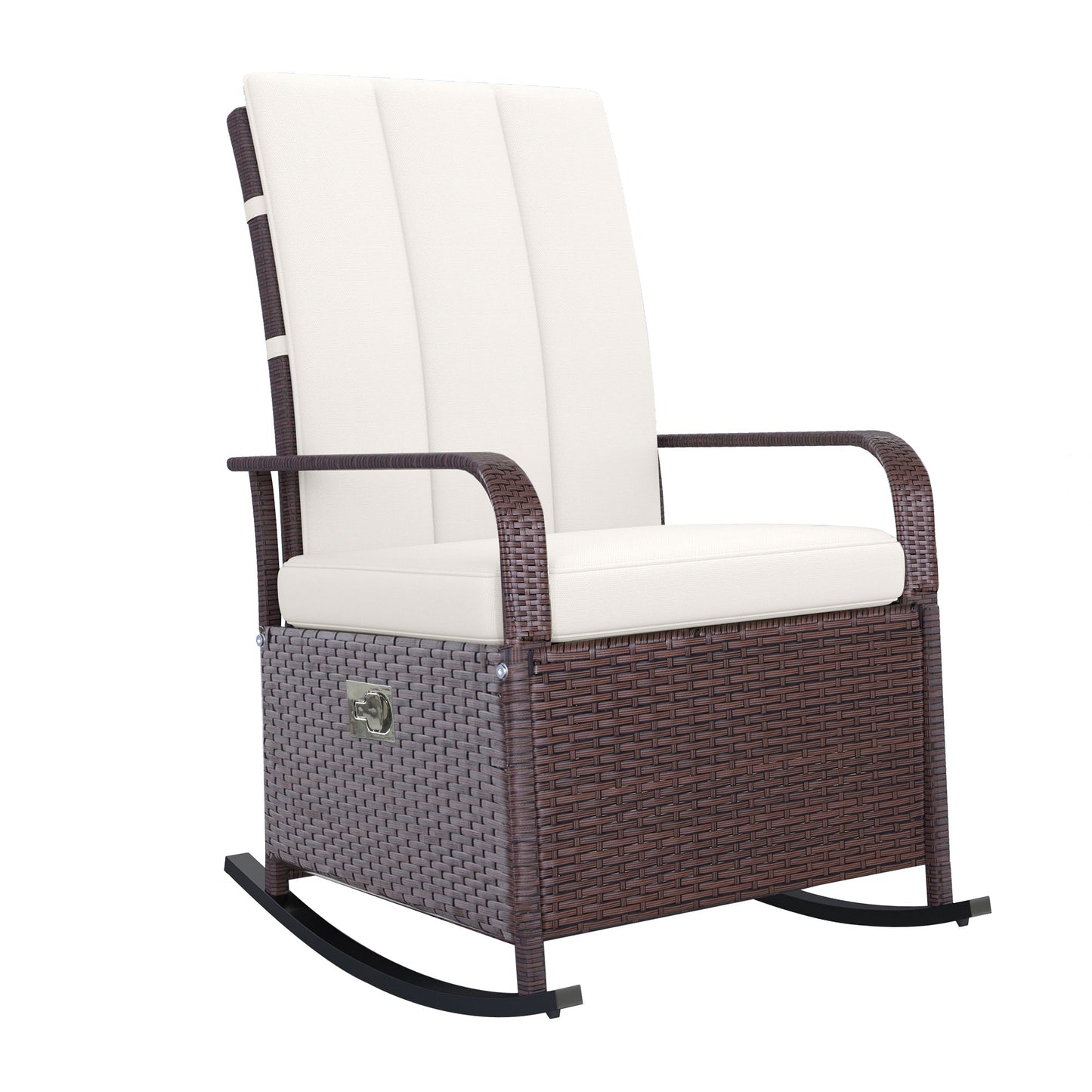 Outdoor Wicker Rocking Chair with Cushion, Patio PE Rattan Recliner Chair with Adjustable Footrest, Armrests, Cream White