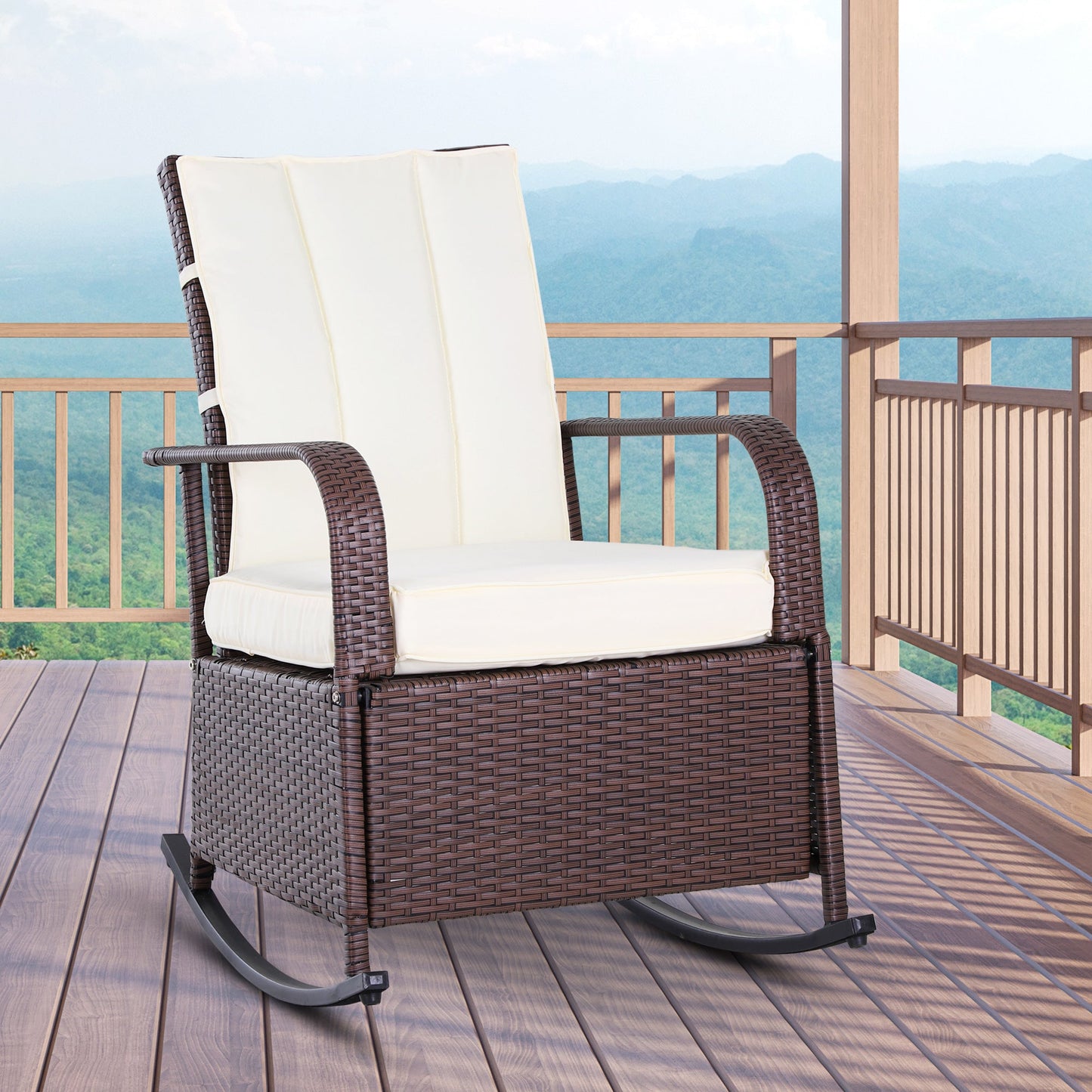 Outdoor Wicker Rocking Chair with Cushion, Patio PE Rattan Recliner Chair with Adjustable Footrest, Armrests, Cream White
