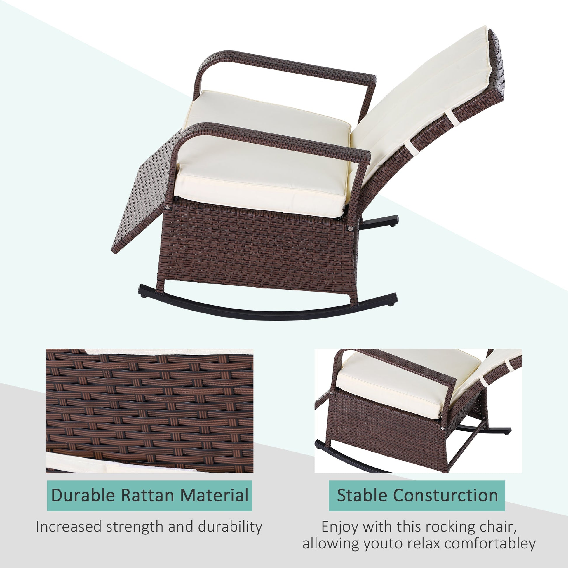 Outdoor Wicker Rocking Chair with Cushion, Patio PE Rattan Recliner Chair with Adjustable Footrest, Armrests, Cream White