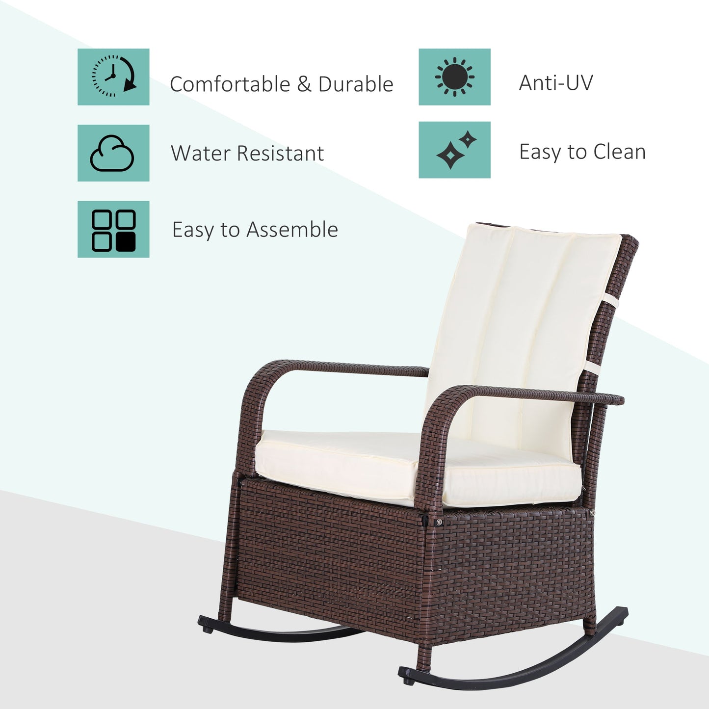 Outdoor Wicker Rocking Chair with Cushion, Patio PE Rattan Recliner Chair with Adjustable Footrest, Armrests, Cream White