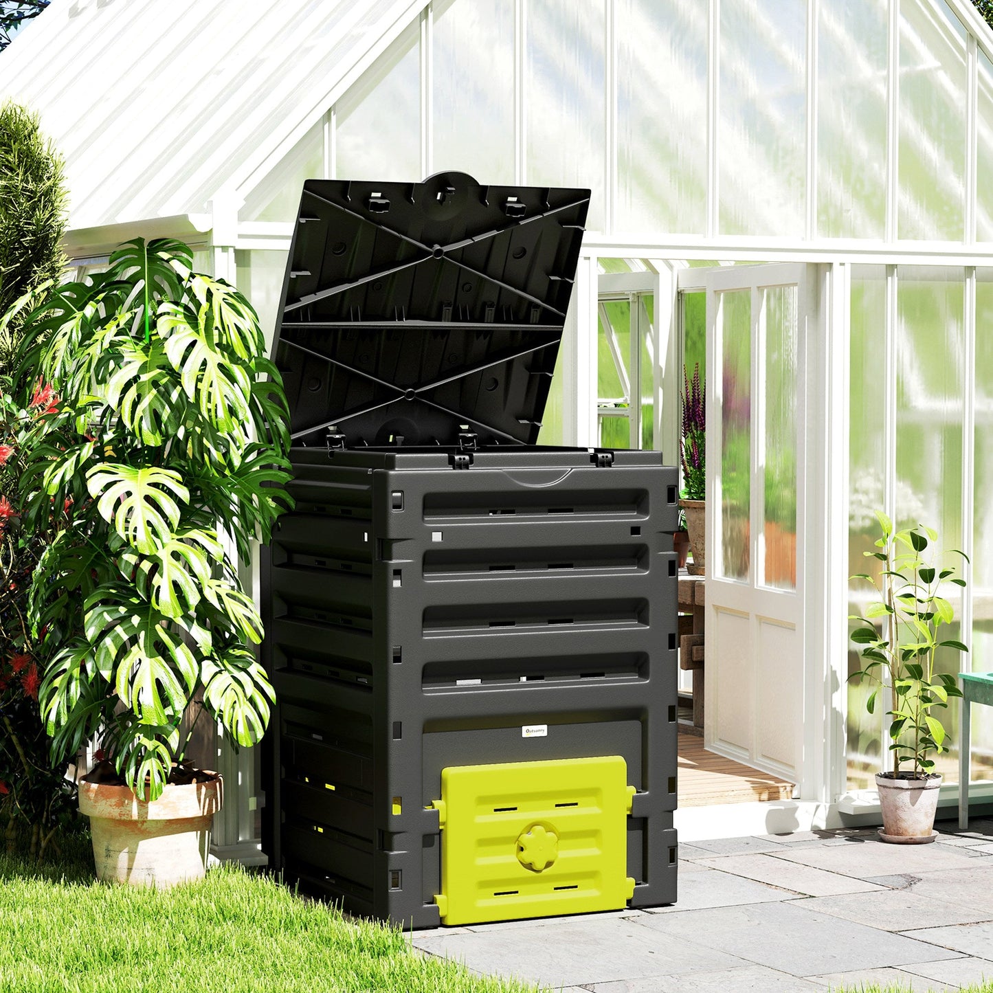 Compost Bin, 120 Gallon (450L) Garden Composter with Gloves, 80 Vents and 2 Sliding Doors, Lightweight & Solid, Fast Creation of Fertile Soil, Yellow