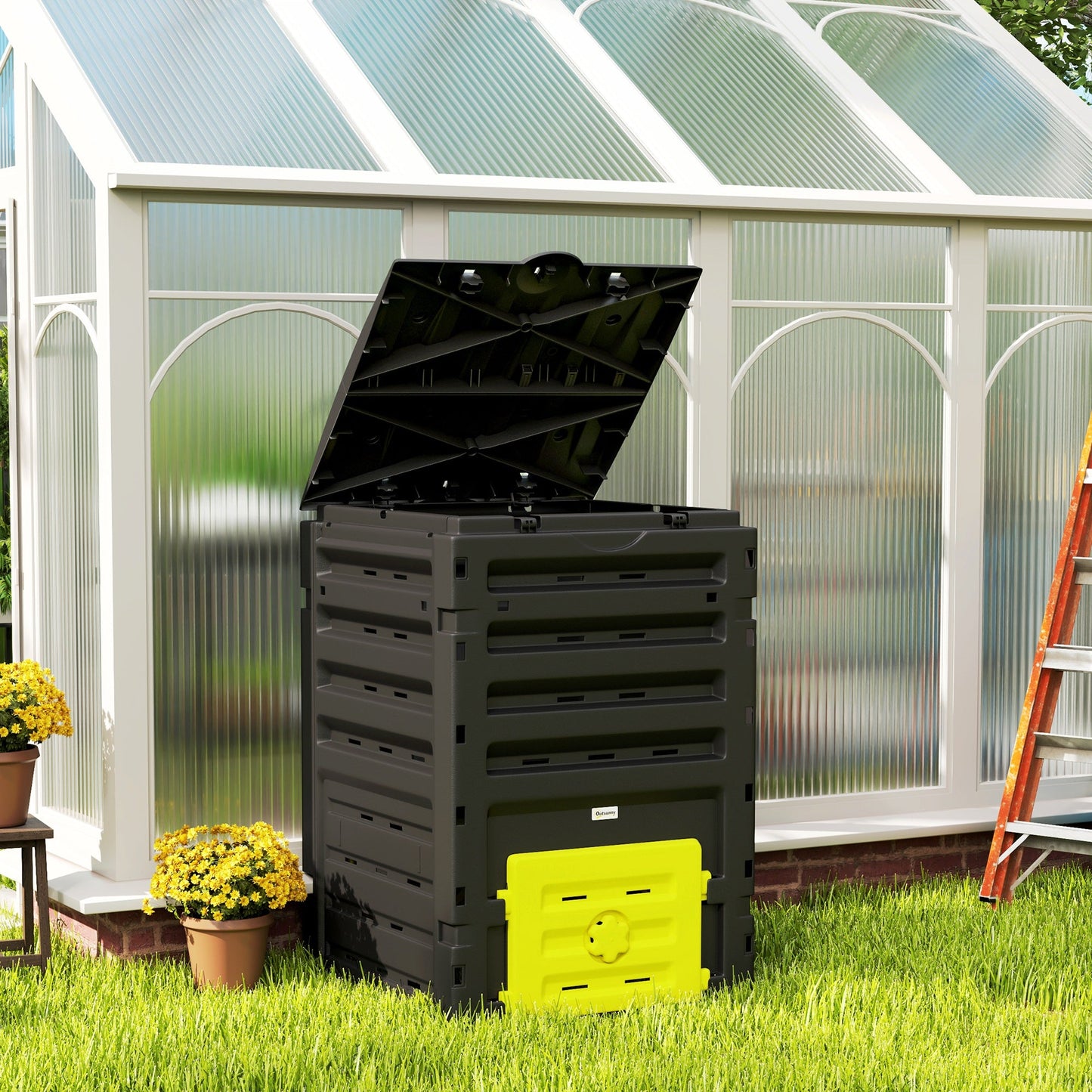 Compost Bin, 120 Gallon (450L) Garden Composter with Gloves, 80 Vents and 2 Sliding Doors, Lightweight & Solid, Fast Creation of Fertile Soil, Yellow