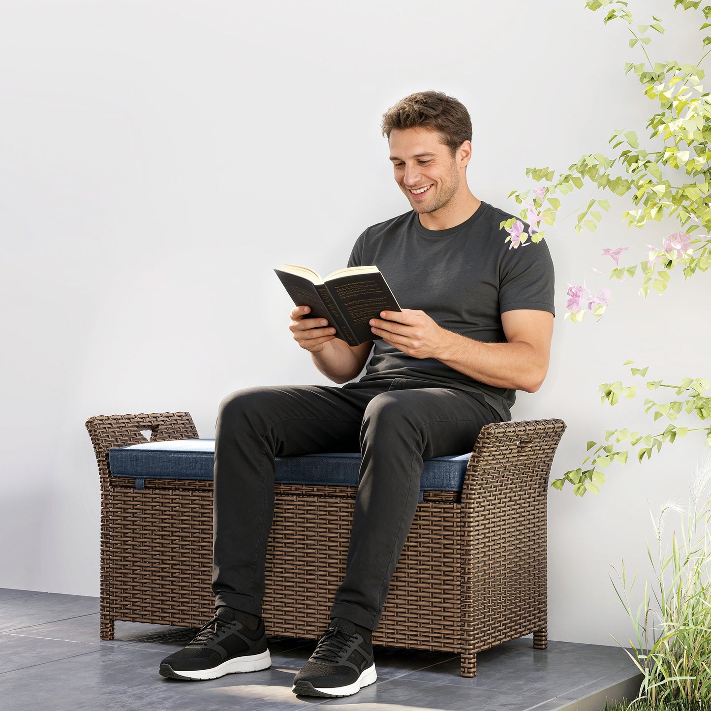 2-In-1 Patio Wicker Storage Bench, 29 Gallon Outdoor PE Rattan Patio Furniture, Large Capacity Rectangle Basket Box with Handles and Cushion, Navy Blue