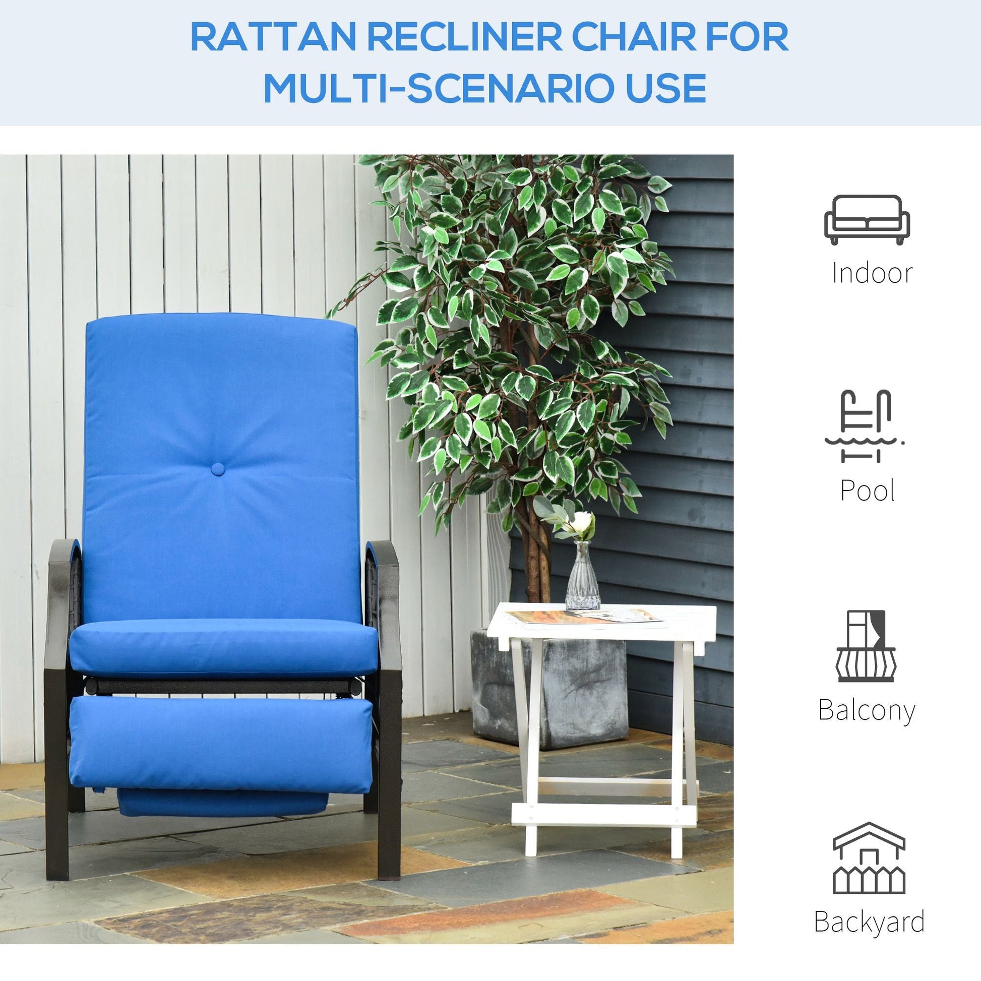 PE Rattan Outdoor Recliner Chair, Wicker Patio Lounge Chair with Adjustable Backrest, Retractable Footrest and Cushion, Blue