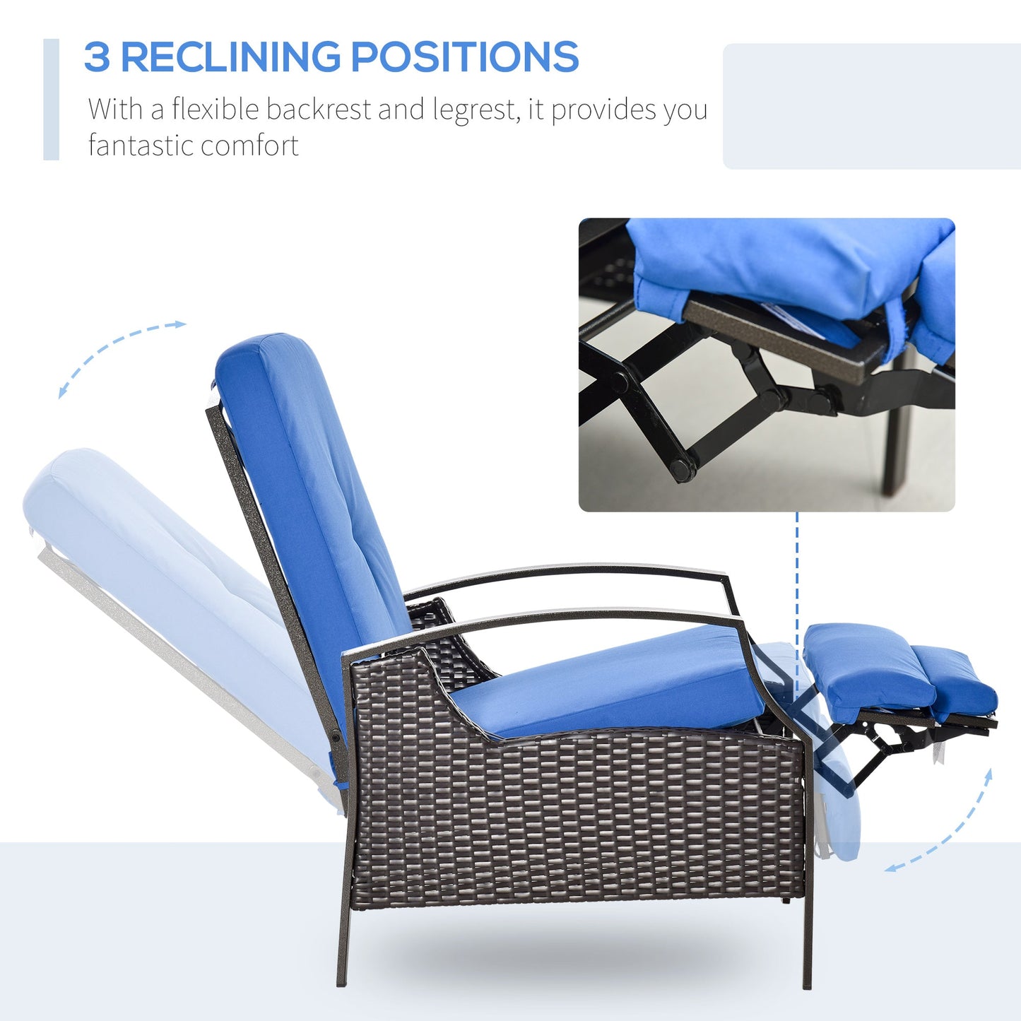 PE Rattan Outdoor Recliner Chair, Wicker Patio Lounge Chair with Adjustable Backrest, Retractable Footrest and Cushion, Blue