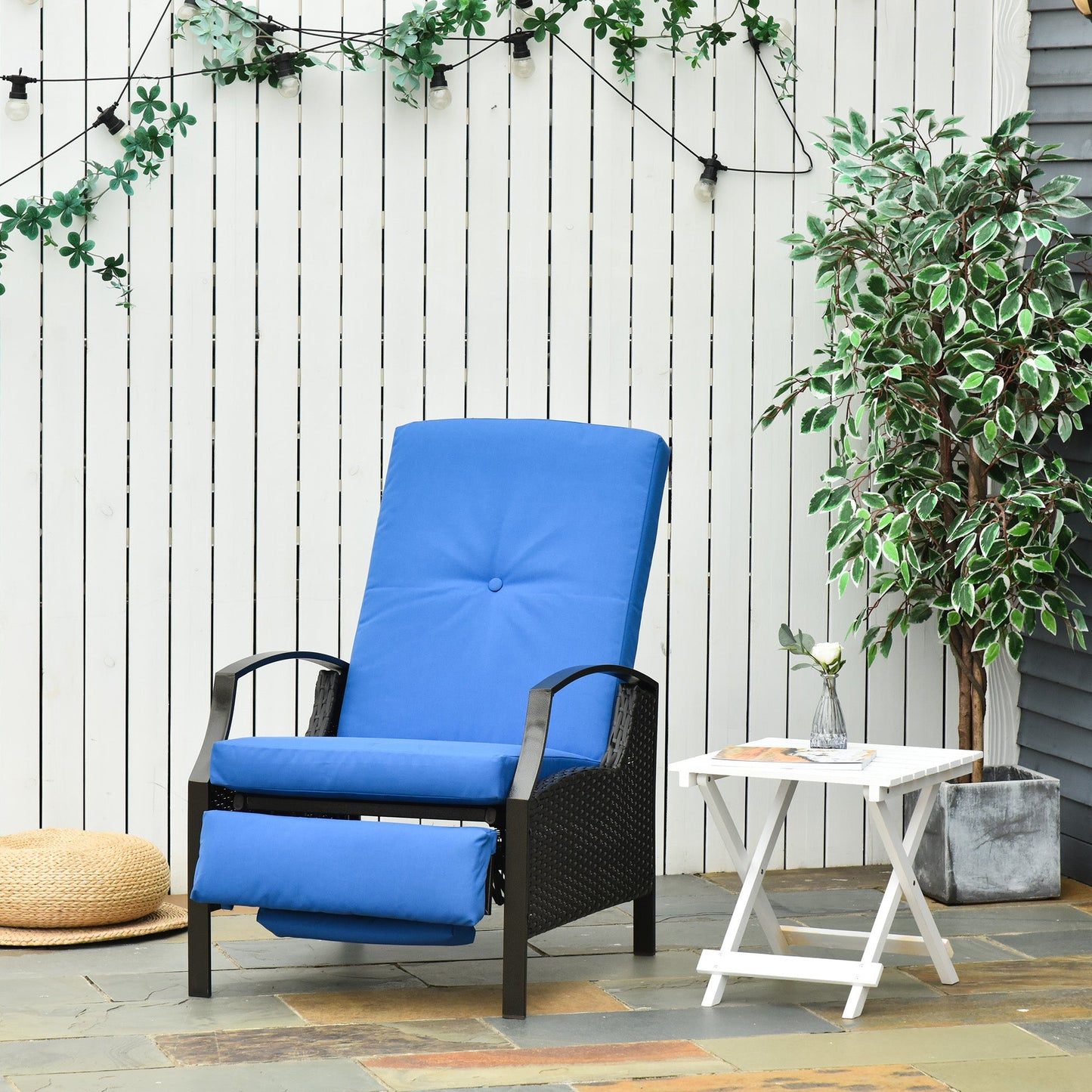 PE Rattan Outdoor Recliner Chair, Wicker Patio Lounge Chair with Adjustable Backrest, Retractable Footrest and Cushion, Blue