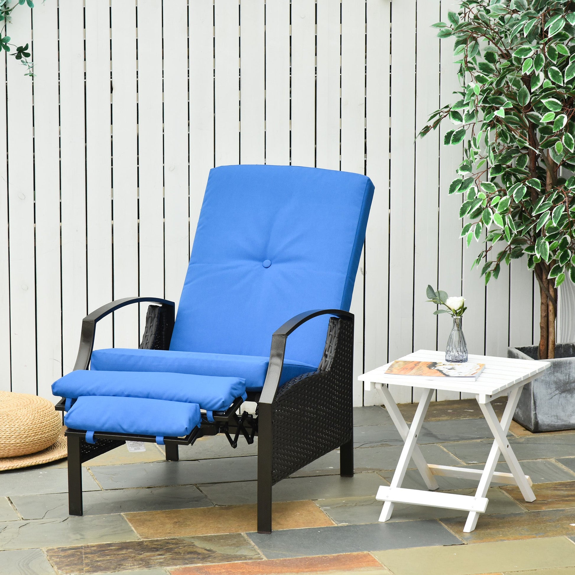 PE Rattan Outdoor Recliner Chair, Wicker Patio Lounge Chair with Adjustable Backrest, Retractable Footrest and Cushion, Blue
